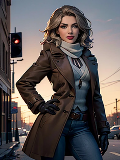 Emily Bett Rickardasterpiece:1.0)、(highest quality:1.2)、(Dark Shot:1.3)、Classic Rogue、1991 Rogue X-Men、1 girl、Only one person、Head to Toe、standing on street corner、Elegant pose、(clothing: Brown winter coat、Brown hood、Down lining、White scarf、gloves、jeans) Medium Hair、Brown Hair、Wavy Hair、1 grey hair、Green Eyeischievous look、Grin、Spread your lips、Red lipstick、Heavy makeup、Confident expression、Backlight、(realism: 1.5)、(realism: 1.4)、(Messy: 1.4)、8k、Very detailed、Detailed beautiful woman、(background: midnight、It's snowing、Downtown New York、Snowy Night)、Official Art、Very detailedな CG Unity 8k 壁紙、Perfect lighting、colorful、超High resolution、photograph、8k、High resolution、Kodak Portrait 400、Film Grain、ぼやけたbackground、(Bokeh:1.2)、(Bright colors:1.2)、Film Grain:1.2、(warm color、warm colorトーン:1.2)、(カラーphotograph)、プロのphotograph