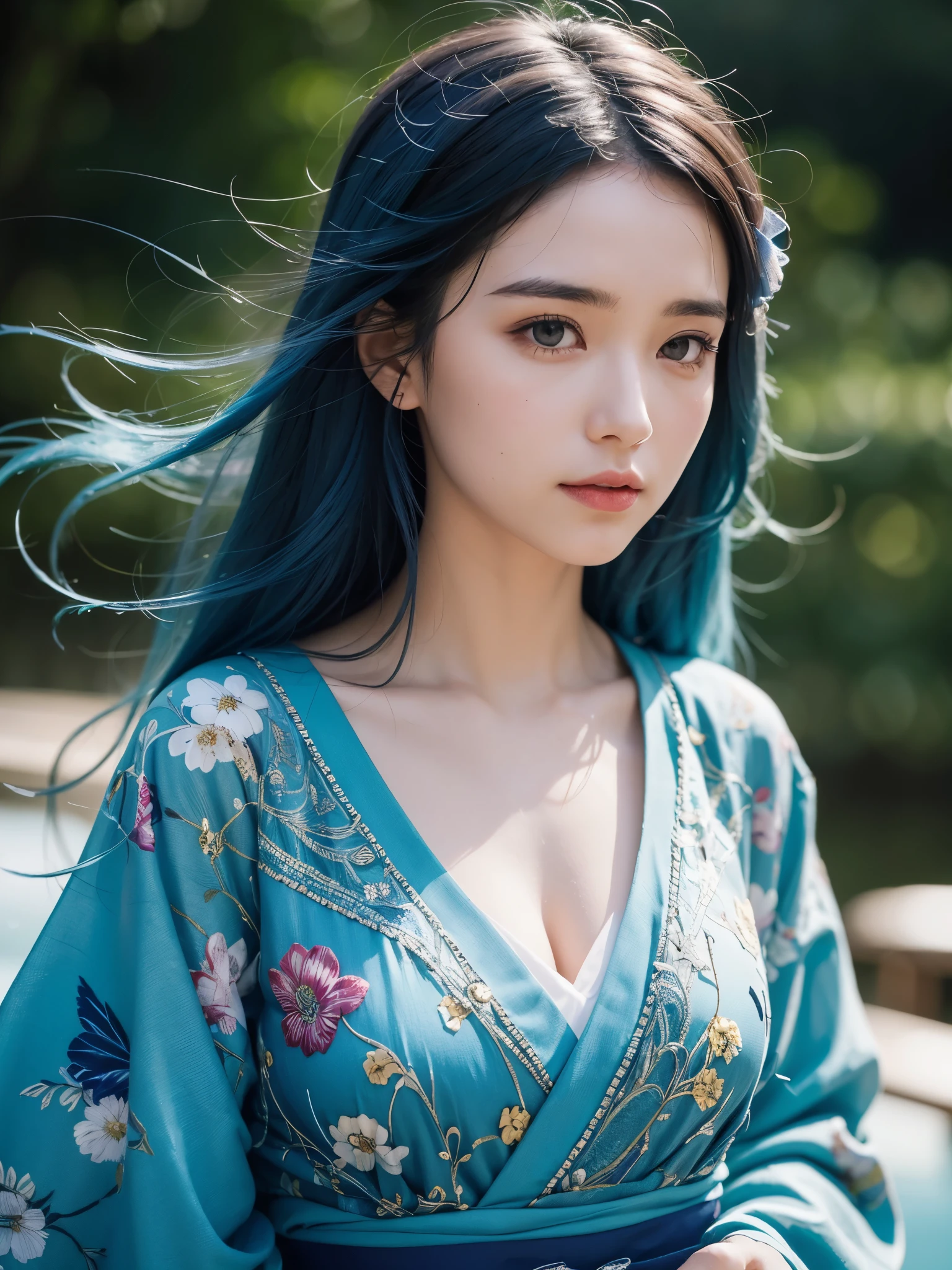 (best quality, masterpiece, colorful, highest detailed) upper body photo, fashion photography of cute (young cute french girl), floating blue hair, long hair, (water:0.7), waterdrop, wet, high detailed blue kimono texture, intricate pattern, ultra detailed, (textured clothing), (ultra-detailed body), (light smile:0.3), softlight passing through hair, (monochromatic bokeh background), (dynamic angle), (intricate details), (dynamic angle)