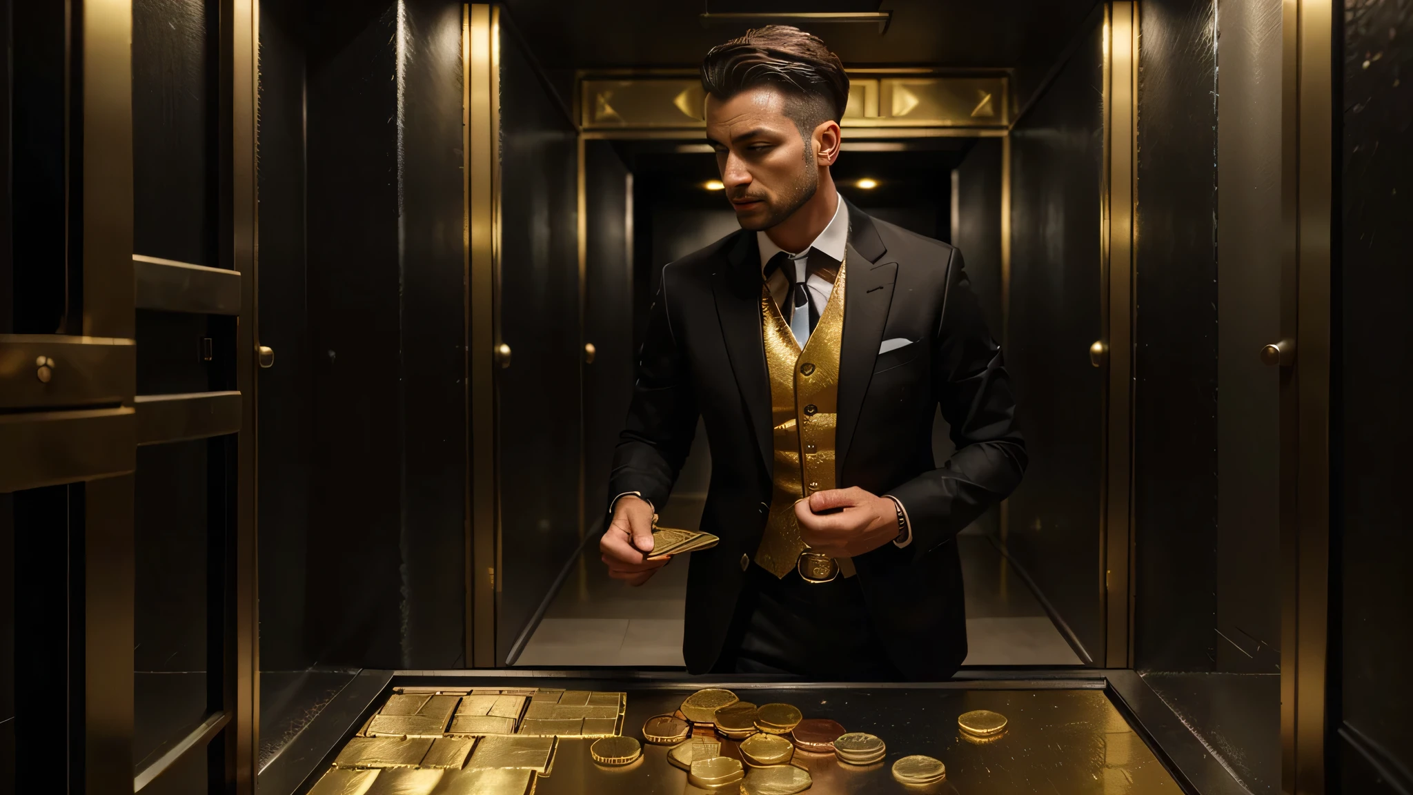 a man wearing a black suit in a bank vault full of gold money and coins, ultra realistic image, high level of detail, 8k, hyper realism, vivid and intense colors