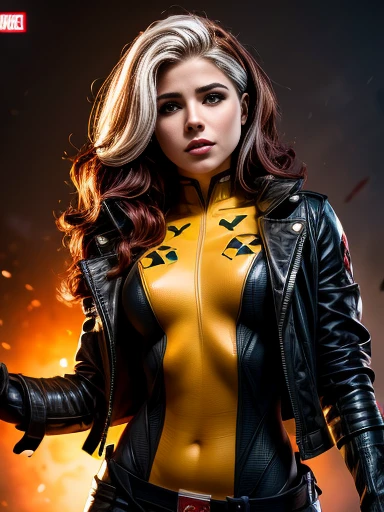 Emily Bett Rickardasterpiece、High quality 4K、villain (X-Men)、Gothic Girl、Sculpted Body Gothic Makeup、Black jacket、Red and blue bodysuit、masterpiece、highest quality、Cowboy Shots、one personの女の子、one person、Technology Military Bodysuit、fringe