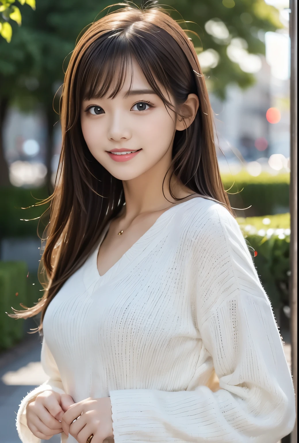 masterpiece, best quality:1.1), (8k, raw photo, photo realistic:1.2, f22), (shiny skin), detailed skin,long hair,ribbon,detailed face, detailed eyes,smile,BREAK, real world, intricate details, smil, BREAK, 1girl, full body,(long sleeve,ribbon,check pattern),BREAK, (evening:1.4)