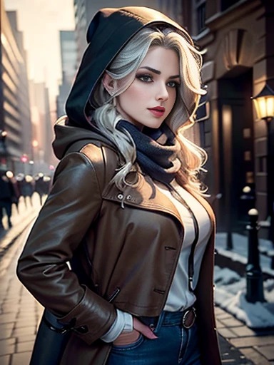 Emily Bett Rickardasterpiece:1.0)、(highest quality:1.2)、(Dark Shot:1.3)、Classic Rogue、1991 Rogue X-Men、1 girl、Only one person、Head to Toe、standing on street corner、Elegant pose、(clothing: Brown winter coat、Brown hood、Down lining、White scarf、gloves、jeans) Medium Hair、Brown Hair、Wavy Hair、1 grey hair、Green Eyeischievous look、Grin、Spread your lips、Red lipstick、Heavy makeup、Confident expression、Backlight、(realism: 1.5)、(realism: 1.4)、(Messy: 1.4)、8k、Very detailed、Detailed beautiful woman、(background: midnight、It's snowing、Downtown New York、Snowy Night)、Official Art、Very detailedな CG Unity 8k 壁紙、Perfect lighting、colorful、超High resolution、photograph、8k、High resolution、Kodak Portrait 400、Film Grain、ぼやけたbackground、(Bokeh:1.2)、(Bright colors:1.2)、Film Grain:1.2、(warm color、warm colorトーン:1.2)、(カラーphotograph)、プロのphotograph