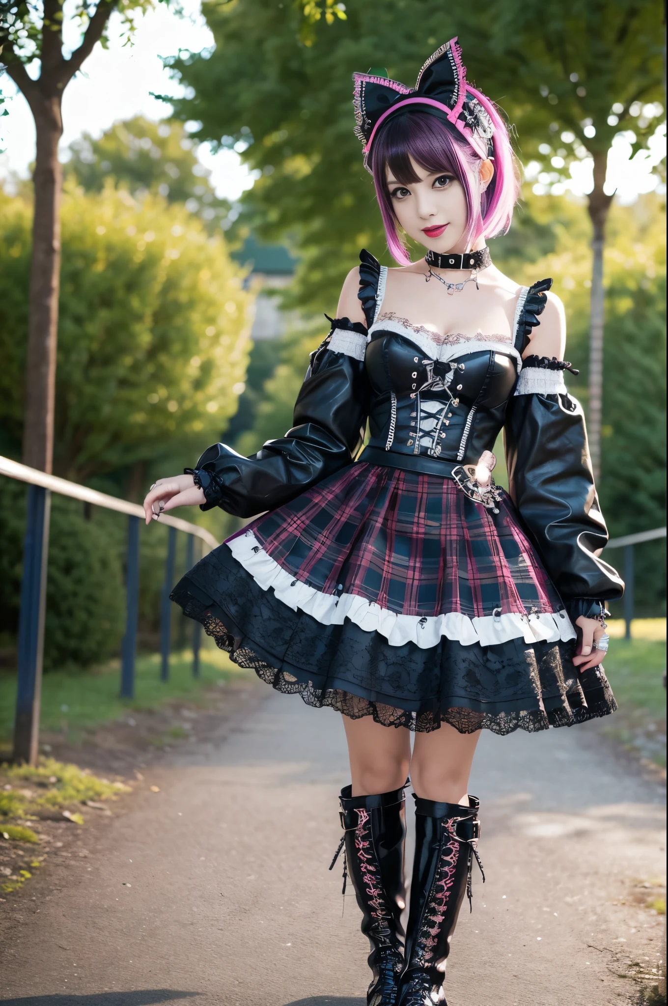 sexy stylish female model, only 1 female, ((doll-like appearance)), short dramatic stylish hair, ((shiny Punk-Style boots)), (big smile), ultra detailed eyes, Punk makeup, lipgloss, ((sexy Punk ta cosplay)), unconventional skirt, petticoats, high neckline, ((ultra detailed lace)), ((ultra detailed embroidery)), intricate details, tartan patterns, safety pins, Punk Loliccessoires, Punk Lolita cr, ((large sparkling Punk Lolita jewel, cinematic light, detailed large park background with trees