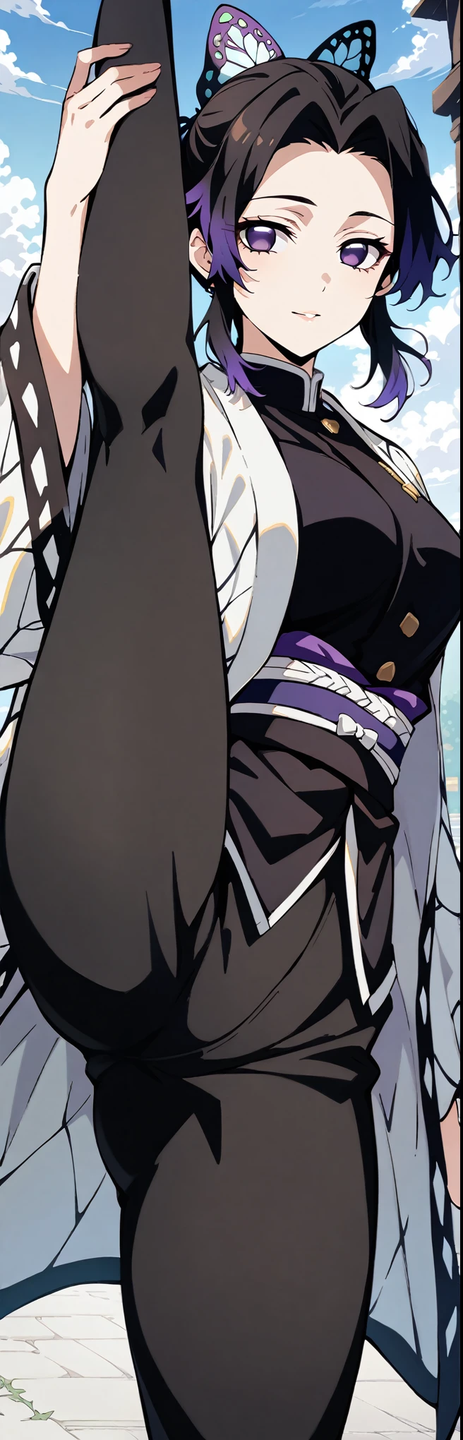 (masterpiece, best quality:1.2), 1girl, solo,standing_split, 
KShinobuXLV4, Shinobu kochou, No bangs，hair intakes，Purple eye，Forehead，Black shirt，Black pantsuit，haori，butterflys，obi strip，（trpical garden：1.2），purple flower，mostly cloudy sky，rays of sunshine，Tyndall effect，Gradient_sky，the face，beautiful sky，Saber on the waist,  detail_face， eyeslashes，shinny black hair with purple tips 
