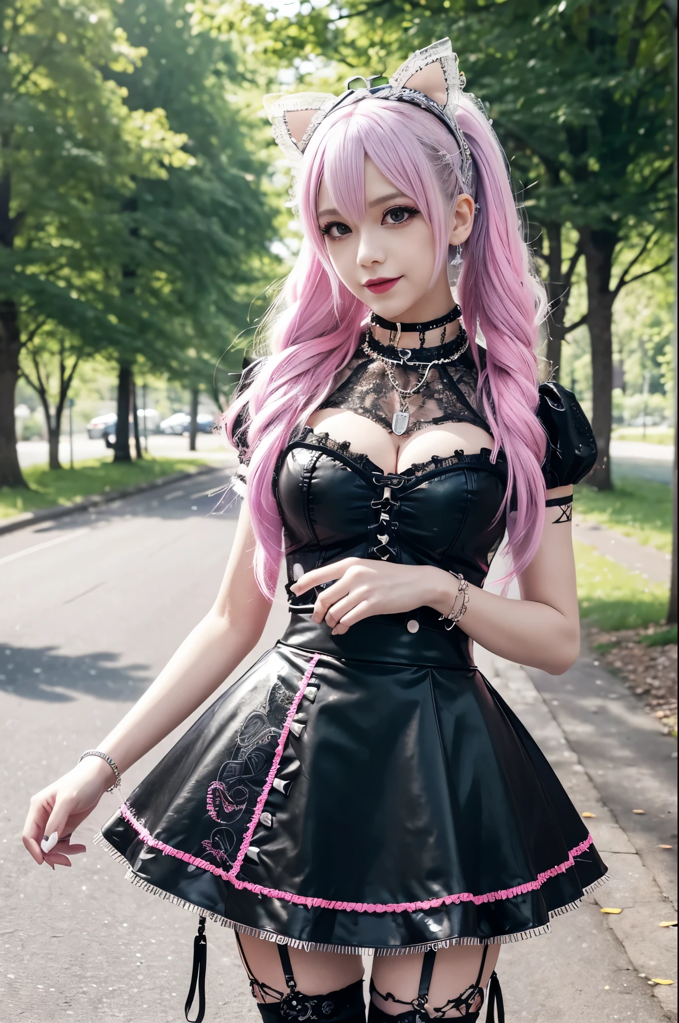 sexy stylish Swedish model, only 1 female, ((doll-like appearance)), long neon pink stylish hair, ((shiny Punk-Style boots)), (big smile), ultra detailed eyes, Punk makeup, lipgloss, ((sexy Punk Lolita cosplay)), unconventional skirt, petticoats, high neckline, ((ultra detailed lace)), ((ultra detailed embroidery)), intricate details, tartan patterns, (silver chains), (silver spikes), (safety pins), Punk Lolita accessoires, Punk Lolita choker, ((large sparkling Punk Lolita jewelry)), cinematic light, detailed large park background with trees