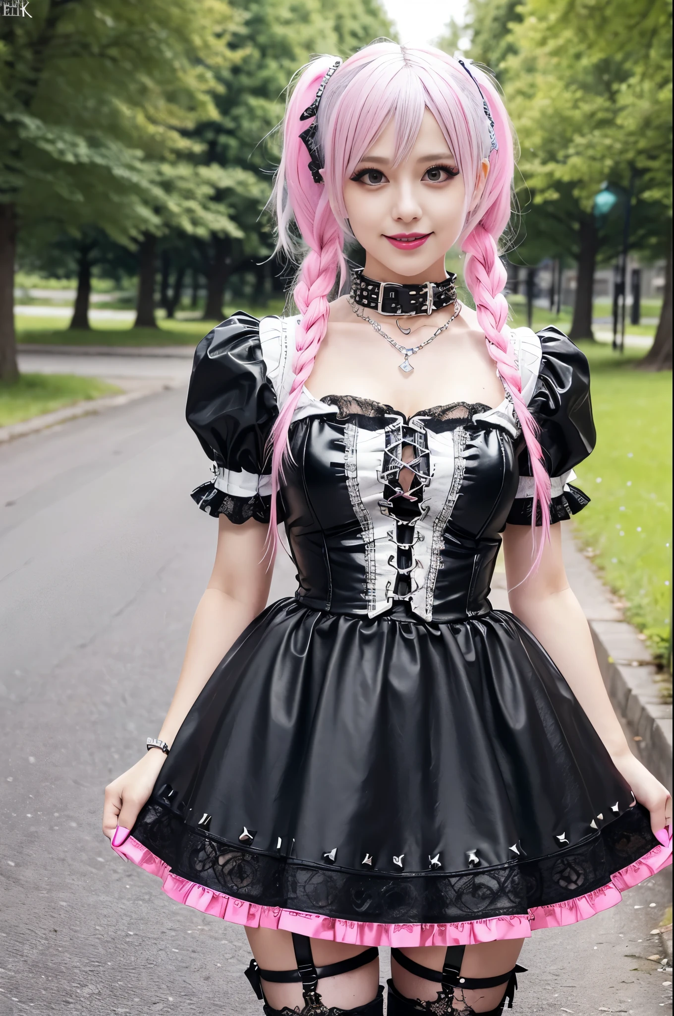 sexy stylish Swedish model, only 1 female, ((doll-like appearance)), long neon pink stylish hair, ((shiny Punk-Style boots)), (big smile), ultra detailed eyes, Punk makeup, lipgloss, ((sexy Punk Lolita cosplay)), unconventional skirt, petticoats, high neckline, ((ultra detailed lace)), ((ultra detailed embroidery)), intricate details, tartan patterns, (silver chains), (silver spikes), (safety pins), Punk Lolita accessoires, Punk Lolita choker, ((large sparkling Punk Lolita jewelry)), cinematic light, detailed large park background with trees 