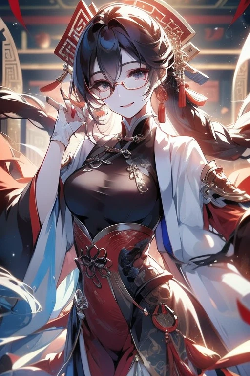 chinese woman, (glasses, laughy smiling:1.2), fully clothed, fully dressed, curve, photo realistic, expressive, everything is in ultra high-definition, ultra HD, ultra high resolution, everything detailed, rare, flexible, complex, unique, ultra realism