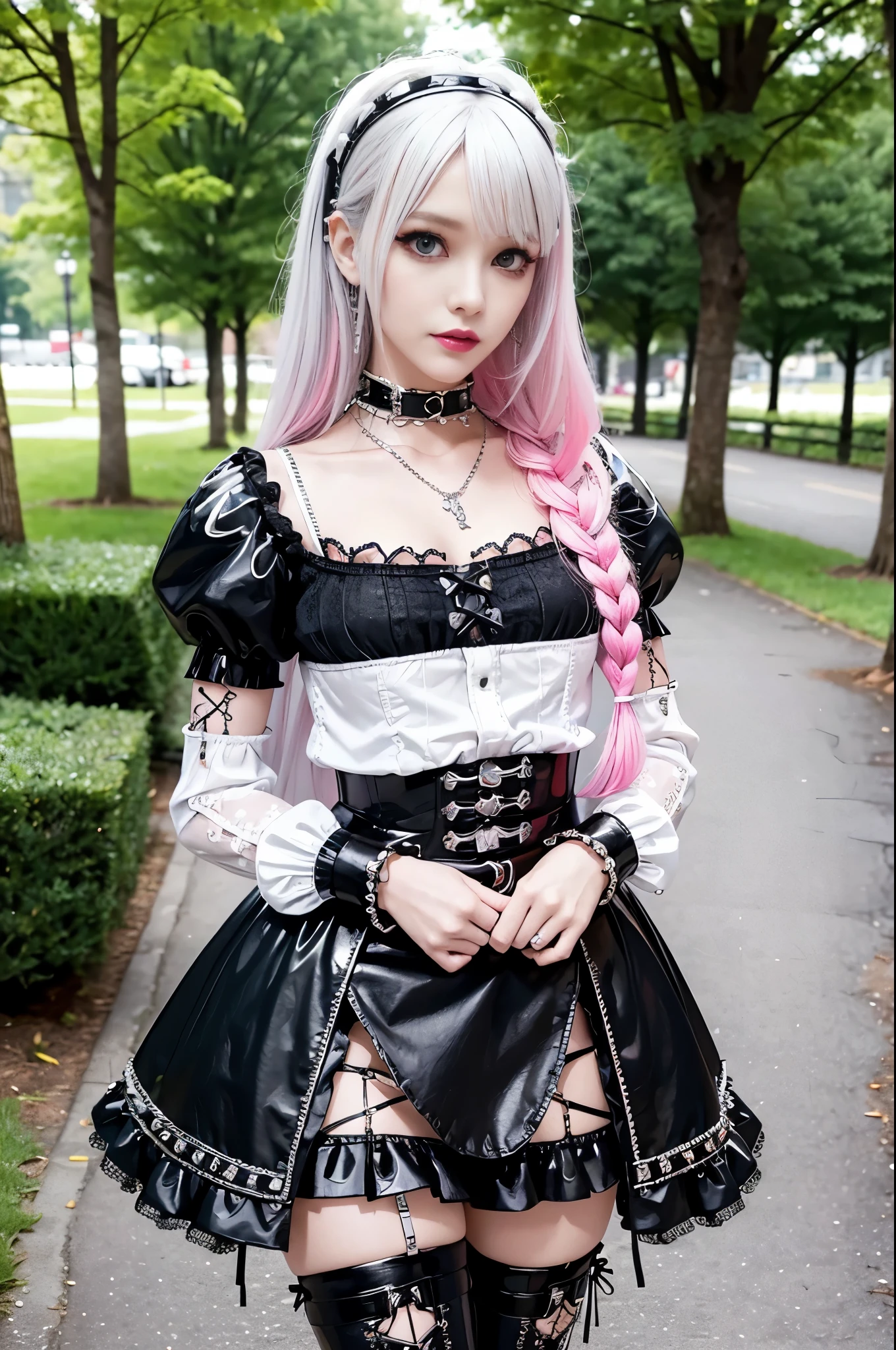 sexy stylish Swedish model, only 1 female, ((doll-like appearance)), long neon pink stylish hair, ((shiny Punk-Style boots)), (big smile), ultra detailed eyes, Punk makeup, lipgloss, ((sexy Punk ta cosplay)), unconventional skirt, petticoats, high neckline, ((ultra detailed lace)), ((ultra detailed embroidery)), intricate details, tartan patterns, (silver chains), (silver spikes), (safety pins), Punk Loliccessoires, Punk Lolita cr, ((large sparkling Punk Lolita jewel, cinematic light, detailed large park background with trees
