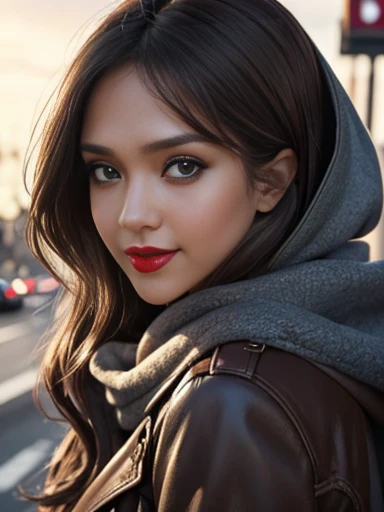 Jessica Alba、(masterpiece:1.0)、(highest quality:1.2)、(Dark Shot:1.3)、Classic Rogue、1991 Rogue X-Men、1 girl、Only one person、Head to Toe、standing on street corner、Elegant pose、(clothing: Brown winter coat、Brown hood、Down lining、White scarf、gloves、jeans) Medium Hair、Brown Hair、Wavy Hair、1 grey hair、Green Eyeischievous look、Grin、Spread your lips、Red lipstick、Heavy makeup、Confident expression、Backlight、(realism: 1.5)、(realism: 1.4)、(Messy: 1.4)、8k、Very detailed、Detailed beautiful woman、(background: midnight、It's snowing、Downtown New York、Snowy Night)、Official Art、Very detailedな CG Unity 8k 壁紙、Perfect lighting、colorful、超High resolution、photograph、8k、High resolution、Kodak Portrait 400、Film Grain、ぼやけたbackground、(Bokeh:1.2)、(Bright colors:1.2)、Film Grain:1.2、(warm color、warm colorトーン:1.2)、(カラーphotograph)、プロのphotograph