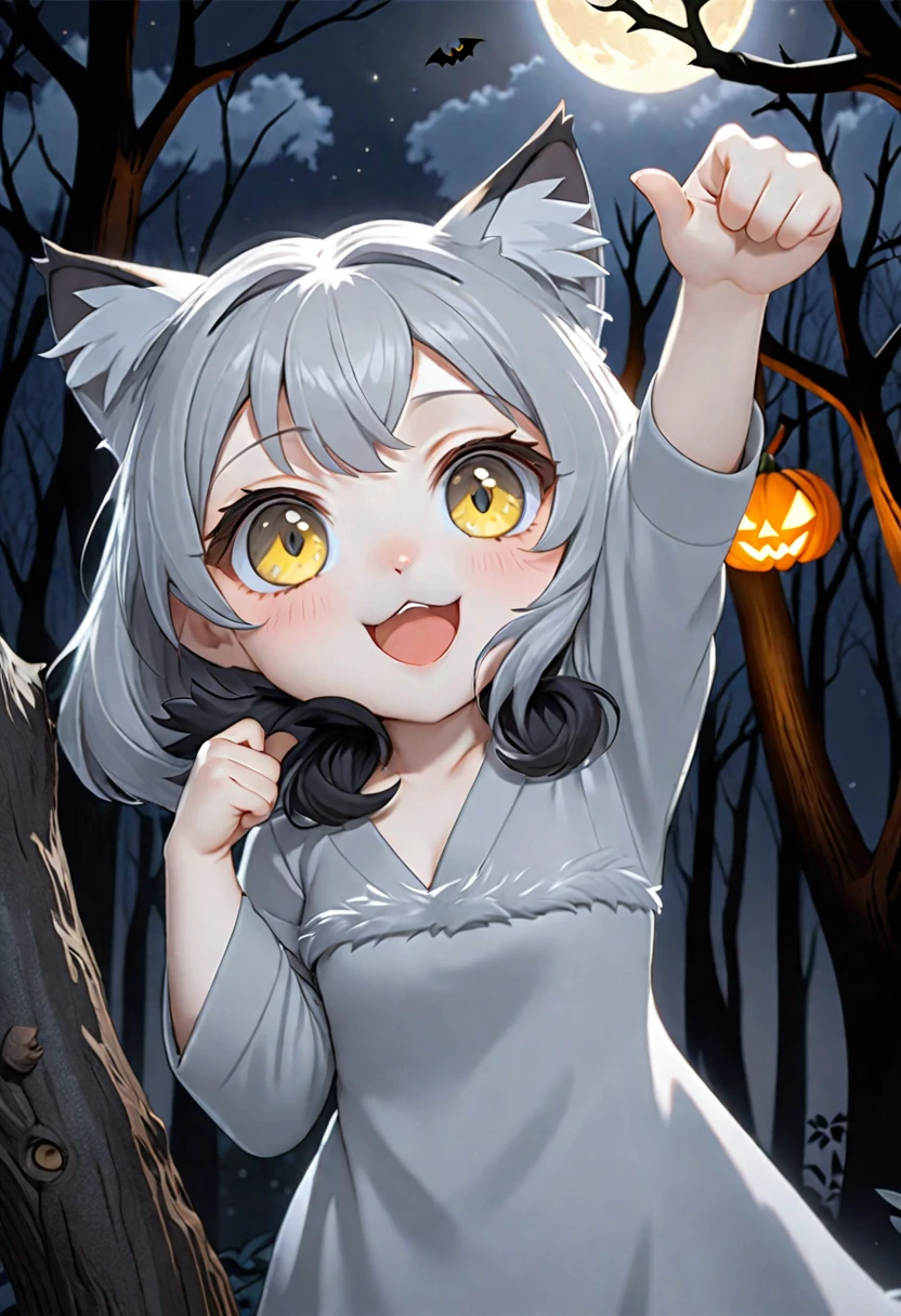 cat girl, chibi, dressed in gray skin, (gray shaggy fur coat), (Wolf's tail), (shaggy wolf ears), gray hair, yellow eyes, werewolf, reaches for the sign, which hangs on the ebony tree, tree without leaves, tree is curved, tree with eyes, Halloween, Rendering, Anime background art, winner of the pixiv competition, Anime girl with cat ears cute!! chibi!!! cat girl, милый anime cat girl, with index finger, Nekomimi, anime cat girl!, cat girl, chemonomics, run, furry фураффинность, masterpiece, top quality, Best quality, official art, Beautiful and aesthetically pleasing:1.2), 2D, (Best quality, masterpiece), anime, (very detailed face), (very detailed eyes), Black background, Starlight Night, forest in the background, full moon in the background, Ideal lighting, (highly detailed gray fur coat), (very white skin)