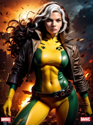Halle Berry、masterpiece、High quality 4K、villain (X-Men)、Gothic Girl、Sculpted Body Gothic Makeup、Brown jacket、Yellow and green bodysuit、masterpiece、highest quality、Cowboy Shots、one personの女の子、one person、Technology Military Bodysuit、fringe