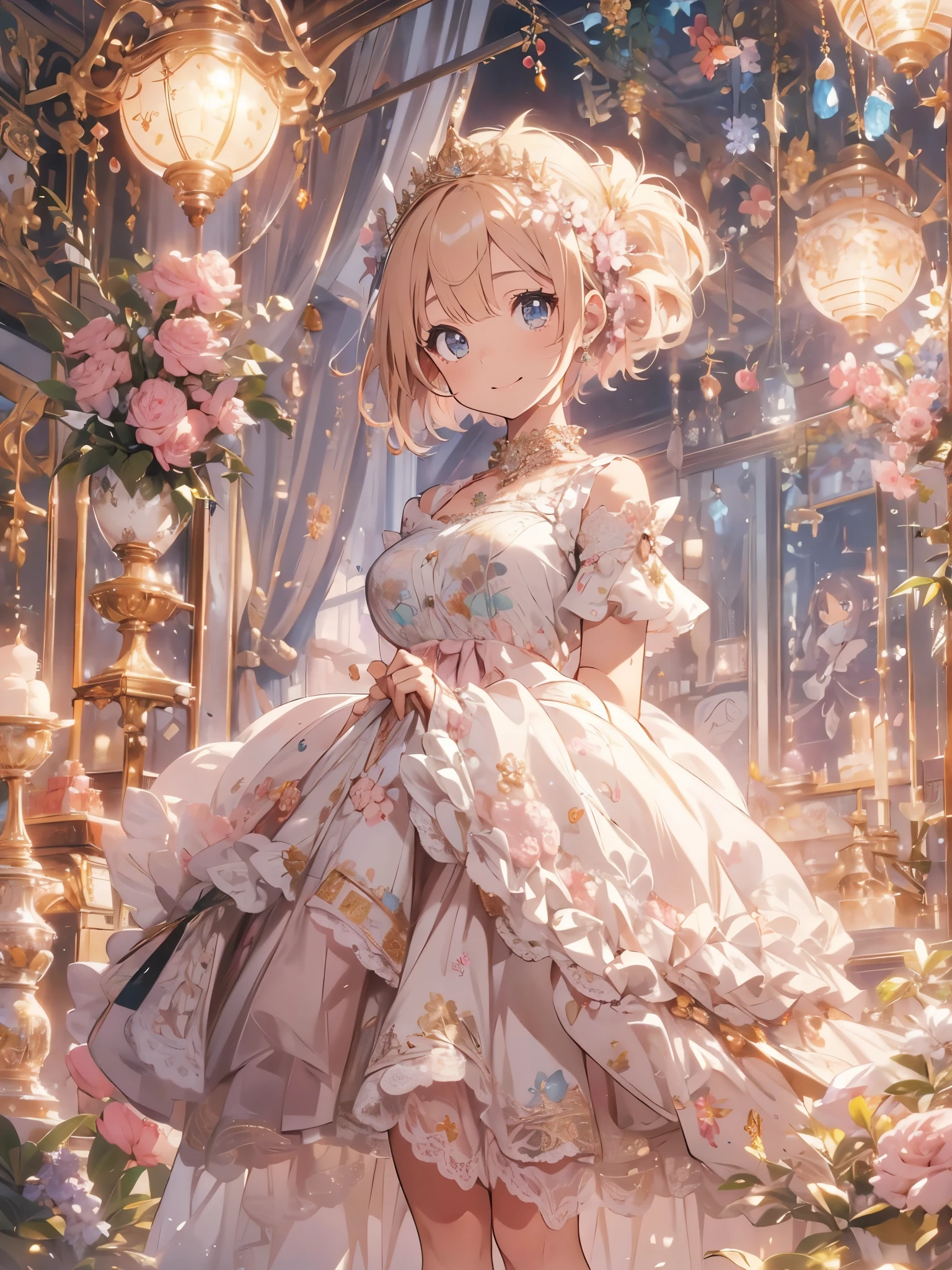 ((Exquisite, beautiful, Very detailed, masterpiece, High quality, Confused, High resolution, Full HD, 16k)),(Happy), fun, (smile, Laughter), (pink ball gown dress:1.5,Macaron motif dress:1.5,Decorated with lace, Frills and jewels:1.1,),(Golden Hair)(Short Bob:1.5),(Blue eyes, Big eyes, Fair skin),nature(Large Breasts:1.3)