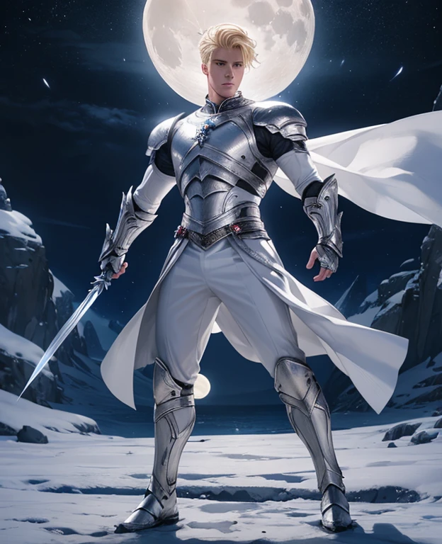 full Body photorealistic handsome male Moon Warrior, blonde haired, wearing white and silver, power: moonlight manipulation , in action . moon as the background.