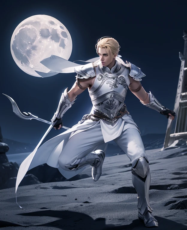 full Body photorealistic handsome male Moon Warrior, blonde haired, wearing white and silver, power: moonlight manipulation , in action . moon as the background.