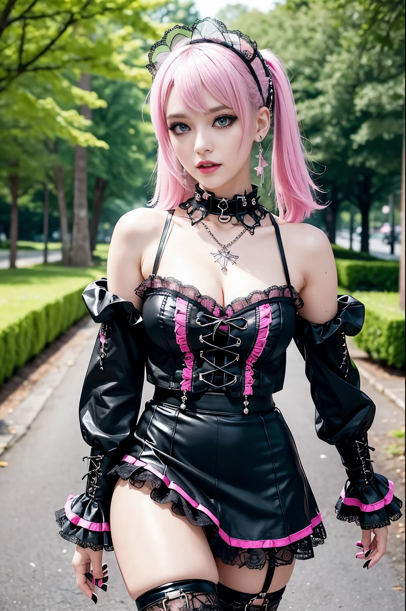 sexy stylish Swedish model, only 1 female, ((doll-like appearance)), short neon pink stylish hair, ((shiny Punk-Style boots)), (big smile), ultra detailed eyes, Punk makeup, lipgloss, ((sexy Punk Lolita cosplay)), unconventional skirt, petticoats, high neckline, ((ultra detailed lace)), ((ultra detailed embroidery)), intricate details, tartan patterns, safety pins, Punk Lolita accessoires, Punk Lolita choker, ((large sparkling Punk Lolita jewelry)), cinematic light, detailed large park background with trees