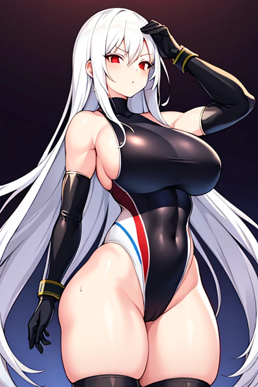 1girl, white hair, long hair, red eyes, serious, glowing eyes, large breasts, thick thighs, mature female, athletic female, toned, one-piece swimsuit, competition swimsuit, long sleeves, sleeves, gloves, black one-piece swimsuit, thighhighs, wet