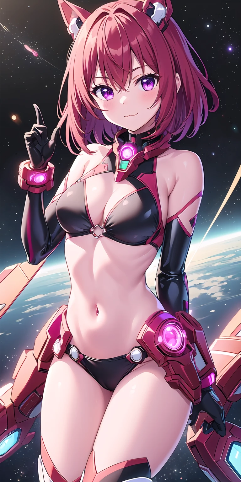 1girl, solo, tailred, medium hair, red hair, perfect face, purple eyes, looking at viewer, cute, smile, :3, uwu, closed mouth, ???????, shiny black latex ??????, black elbow gloves, space in background, cowboy shot, scifi, masterpiece, high resolution, best quality, 