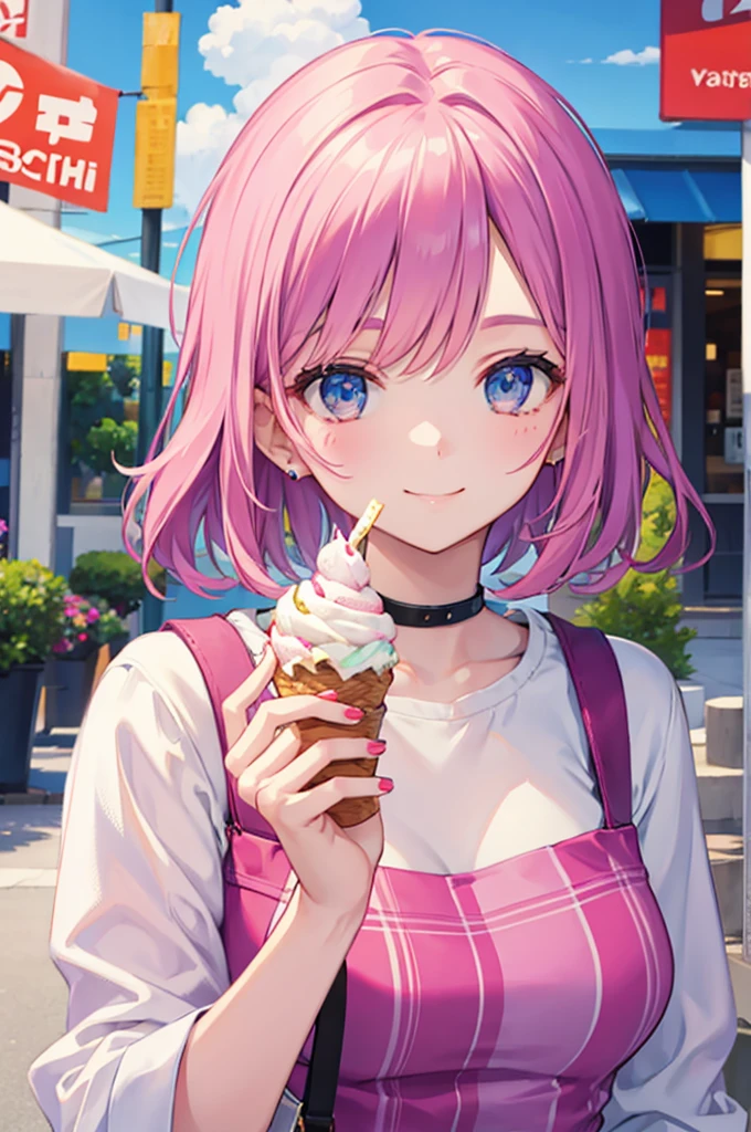 Smiling beautiful woman eating ice cream City