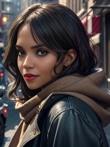 Halle Berry、(masterpiece:1.0)、(highest quality:1.2)、(Dark Shot:1.3)、Classic Rogue、1991 Rogue X-Men、1 girl、Only one person、Head to Toe、standing on street corner、Elegant pose、(clothing: Brown winter coat、Brown hood、Down lining、White scarf、gloves、jeans) Medium Hair、Brown Hair、Wavy Hair、1 grey hair、Green Eyeischievous look、Grin、Spread your lips、Red lipstick、Heavy makeup、Confident expression、Backlight、(realism: 1.5)、(realism: 1.4)、(Messy: 1.4)、8k、Very detailed、Detailed beautiful woman、(background: midnight、It's snowing、Downtown New York、Snowy Night)、Official Art、Very detailedな CG Unity 8k 壁紙、Perfect lighting、colorful、超High resolution、photograph、8k、High resolution、Kodak Portrait 400、Film Grain、ぼやけたbackground、(Bokeh:1.2)、(Bright colors:1.2)、Film Grain:1.2、(warm color、warm colorトーン:1.2)、(カラーphotograph)、プロのphotograph