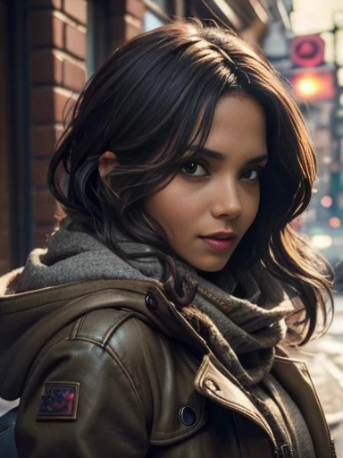Halle Berry、(masterpiece:1.0)、(highest quality:1.2)、(Dark Shot:1.3)、Classic Rogue、1991 Rogue X-Men、1 girl、Only one person、Head to Toe、standing on street corner、Elegant pose、(clothing: Brown winter coat、Brown hood、Down lining、White scarf、gloves、jeans) Medium Hair、Brown Hair、Wavy Hair、1 grey hair、Green Eyeischievous look、Grin、Spread your lips、Red lipstick、Heavy makeup、Confident expression、Backlight、(realism: 1.5)、(realism: 1.4)、(Messy: 1.4)、8k、Very detailed、Detailed beautiful woman、(background: midnight、It's snowing、Downtown New York、Snowy Night)、Official Art、Very detailedな CG Unity 8k 壁紙、Perfect lighting、colorful、超High resolution、photograph、8k、High resolution、Kodak Portrait 400、Film Grain、ぼやけたbackground、(Bokeh:1.2)、(Bright colors:1.2)、Film Grain:1.2、(warm color、warm colorトーン:1.2)、(カラーphotograph)、プロのphotograph