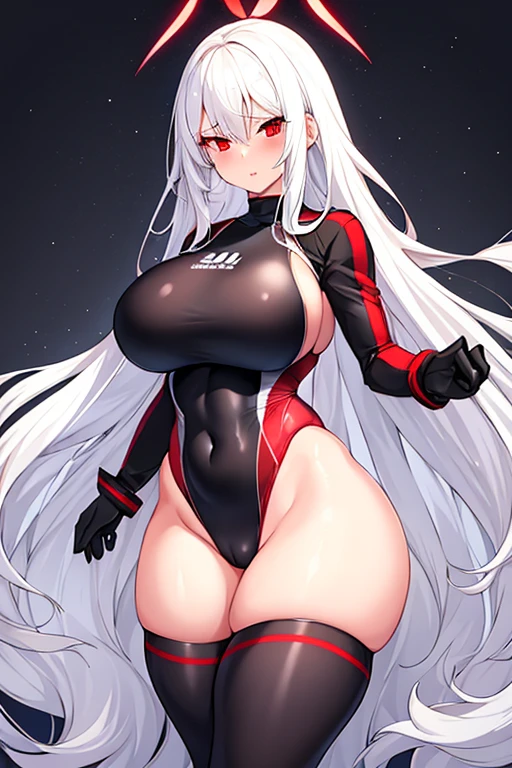 1girl, white hair, long hair, red eyes, serious, glowing eyes, large breasts, thick thighs, mature female, athletic female, toned, one-piece swimsuit, competition swimsuit, long sleeves, sleeves, gloves, black one-piece swimsuit, wet
