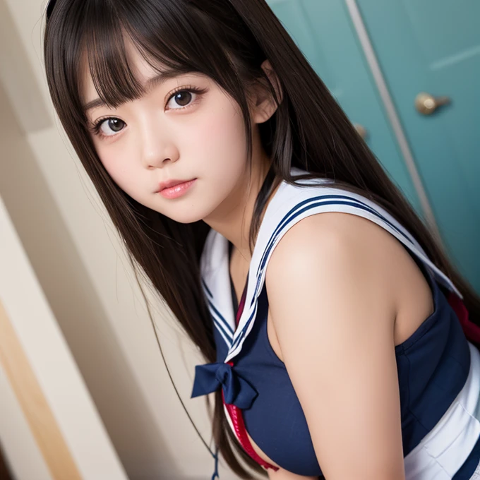 nsfw, vagina, bottomless、Sailor suit、Front facing、Undressing、白いパンティUndressing、bottomless、Short pigtails、Small breasts、Looking down、I can see her pussy