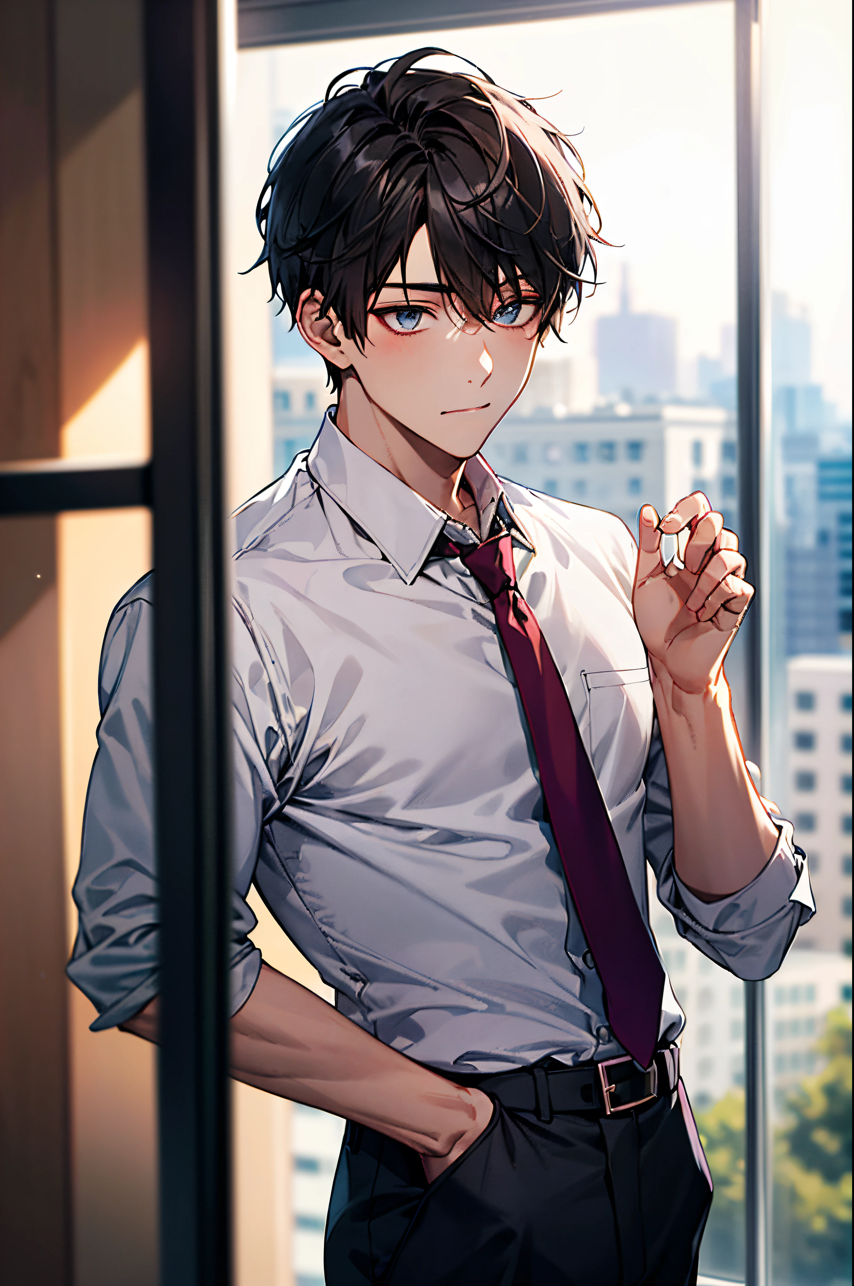 1boy, face focus, adult, business suit, jacket, white shirt, necktie, pants, best quality, hires, detailed face, office, buildings from window, detailed background, diffused sunlight, depth of field, bokeh