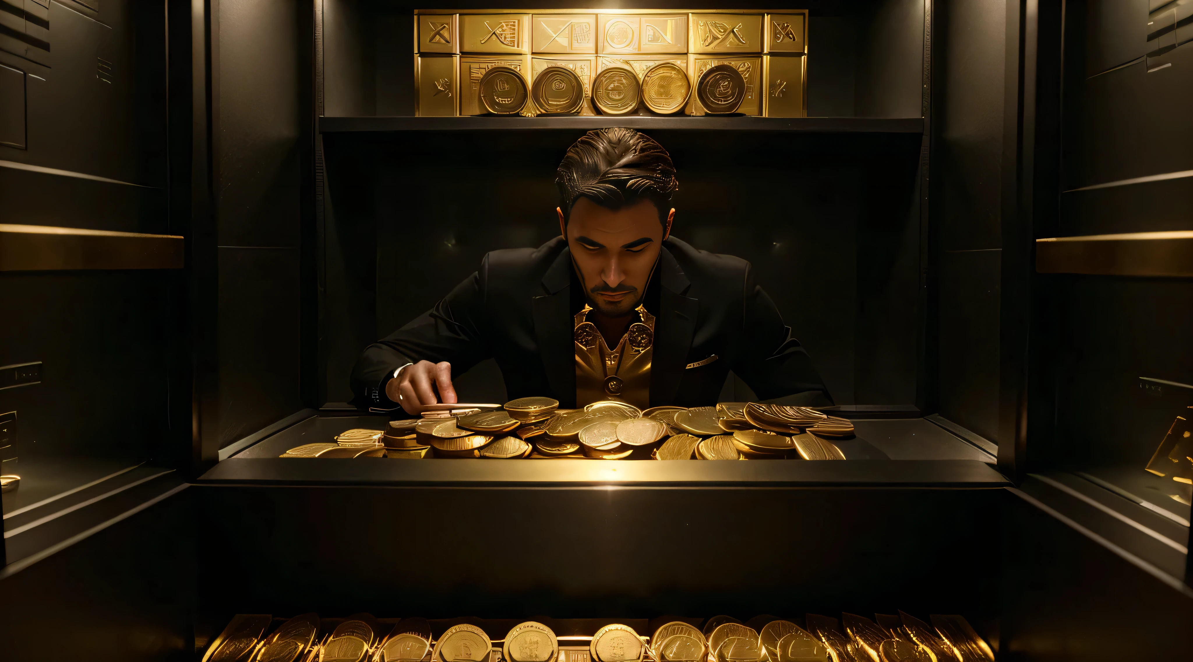 a man wearing a black suit in a bank vault full of gold money and coins, ultra realistic image, high level of detail, 8k, hyper realism, vivid and intense colors
