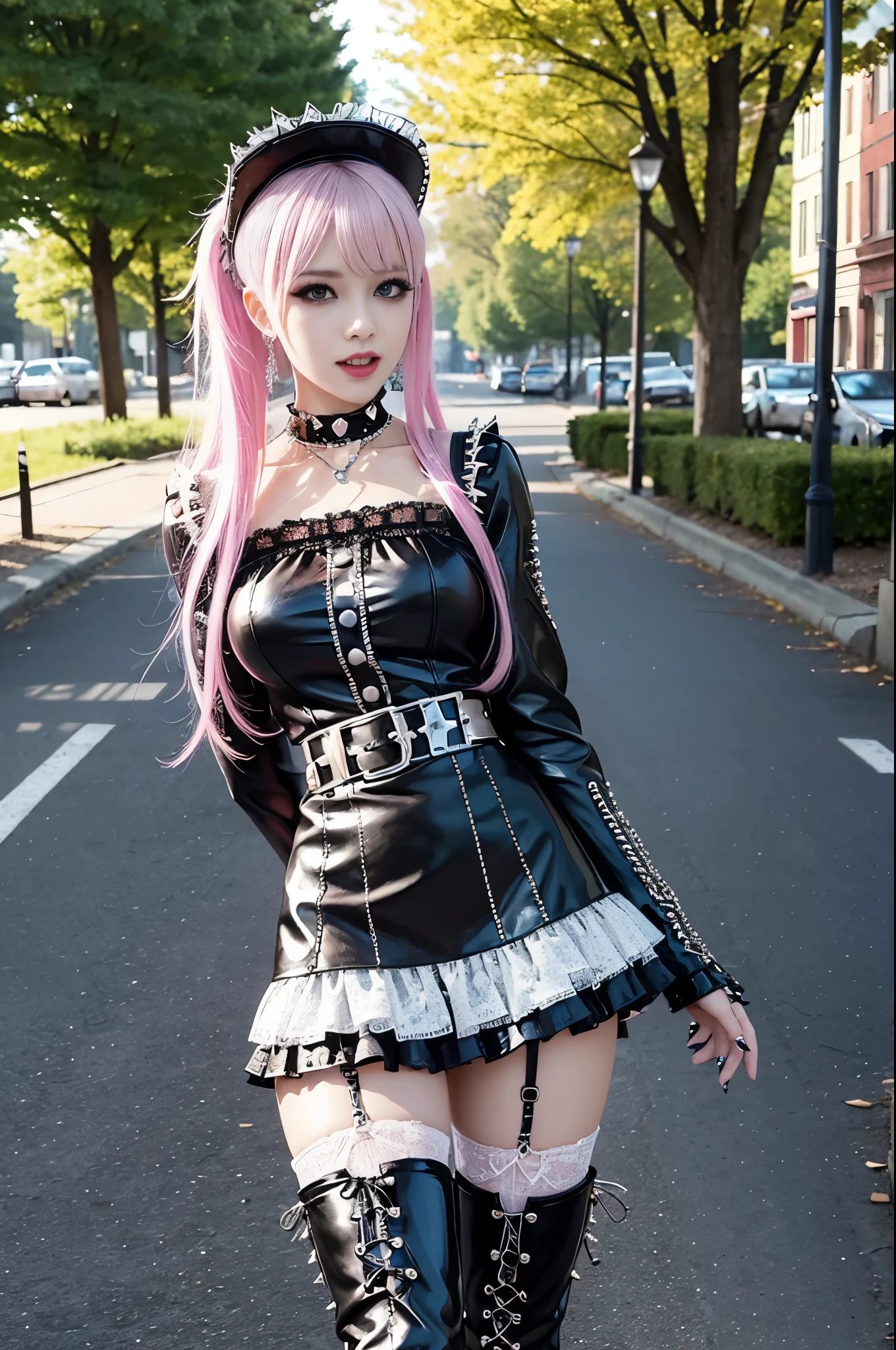 sexy stylish Swedish model, only 1 female, ((doll-like appearance)), long neon pink stylish hair, ((shiny Punk-Style boots)), (big smile), ultra detailed eyes, Punk makeup, lipgloss, ((sexy Punk Lolita cosplay)), unconventional skirt, petticoats, high neckline, ((ultra detailed lace)), ((ultra detailed embroidery)), intricate details, tartan patterns, (silver chains), (silver spikes), (safety pins), Punk Lolita accessoires, Punk Lolita choker, ((large sparkling Punk Lolita jewelry)), cinematic light, detailed large park background with trees