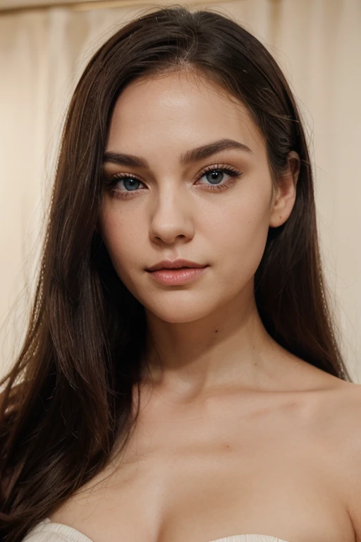 The woman's skin has a snow-white tone, smooth and even, with a fine, slightly matte texture. Her hair is a golden blonde, exhibiting shades from light gold to deeper gold, and it cascades down to mid-back in light natural waves. Her eyes display central heterochromia, where the center of the iris is dark sky blue, and the outer part is bright emerald green, encircled by a thin black line. Her pupils are black and perfectly round, while her eyelashes are long, thick, and jet black.
Her eyebrows are a darker blonde compared to her hair, well-defined, and naturally arched. She has a small, straight nose with a slight downward curve, proportional nostrils, and a subtly rounded tip. Her lips are naturally pale pink, full, and symmetrical, with a clearly defined cupid's bow on the upper lip and a thicker lower lip.
Her cheekbones are high and prominent, transitioning smoothly without sharp angles. Her chin is small and rounded, proportionate to the rest of her face. Her ears are small, well-set against her head, with medium-sized, rounded earlobes.
She has an oval face shape, with balanced proportions and a forehead slightly wider than her jawline. The length of her face is greater than its width, with a softly rounded hairline. Her cranial structure is dolichocephalic, meaning her head is longer than it is wide. Her frontal bone is broad and slightly rounded, her parietal bones are slightly prominent with smooth contours, and her occipital bone is rounded and proportionate to the rest of her head.
The distance between her eyes is proportional to their length, being slightly more than one eye-width apart. Her forehead height is moderate, with a softly rounded hairline. The length of her nose is proportional to the distance from the base of her nose to her chin, and the width of her mouth aligns with the distance between her pupils
ISO 200, f/2.8, 1/500 sec, Canon EOS R5 with RF 50mm f/1.2L lens. Focus on the subject's eyes for sharpness.