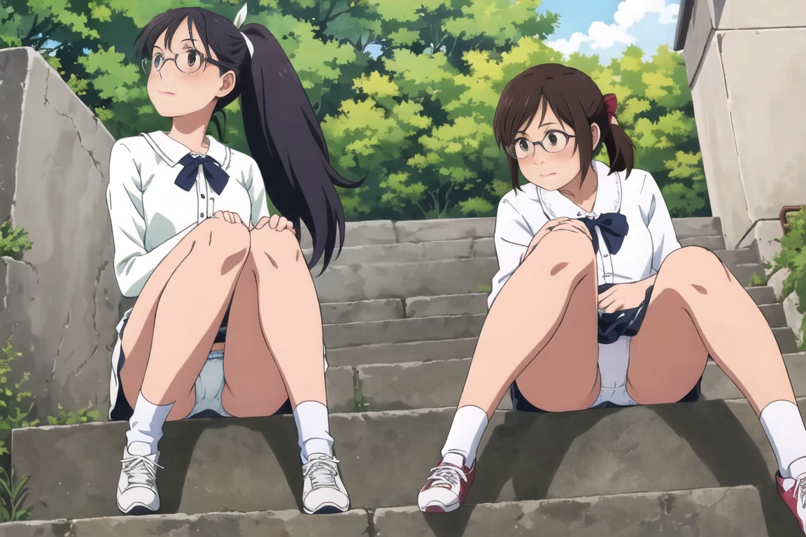 highest quality, Ultra-high resolution, (Realistic: )2D official style cel animation,((2Girls sitting in a row))high school girl、brown、Gal、ponytail、White Big Ribbon、Glasses、Quilted mini skirt,Summer Shirts,Unbutton、(Lace panties),loose socks,sneakers,Full body portrait,(From below),Station stairs,sunny,Spread your legs、from the front、blush、shut up、