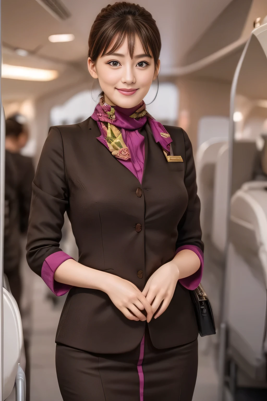 (masterpiece:1.2、highest quality:1.2)、32K HDR、High resolution、(alone、1 girl、Slim figure)、(A realistic reproduction of the ETIHAD Airways Cabincrew Uniform)、 (On board, Professional Lighting)、A proper woman, Beautiful Face,、(Long sleeve ETIHAD Airways Cabincrew Uniform)、(ETIHAD Airways Cabincrew Uniform skirt with purple stripe on the front)、(scarf on chest)、Big Breasts、(Long Hair Up、Hair Bun)、Dark brown hair、Long Shot、((Great hands:2.0))、((Harmonious body proportions:1.5))、((Normal limbs:2.0))、((Normal finger:2.0))、((Delicate eyes:2.0))、((Normal eyes:2.0)))、Beautiful standing posture、smile、Hands folded underneath