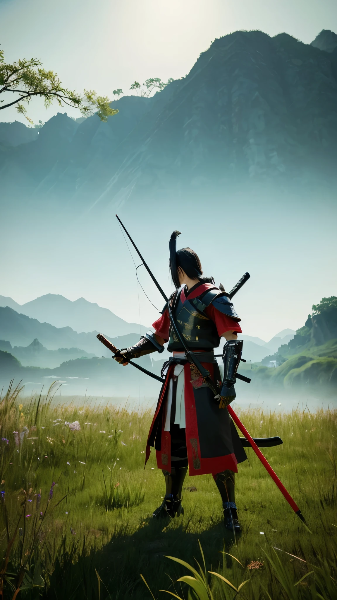 a samurai devil person standing in a field with a rifle, a magic fishing rod weapon, many floating swords, a ninja with a water wave katana, sharp Final fantasy 14, awakened samurai, holding a scythe, a robot with a fishing rod, a scythe giant, Shinobi shadow ninja holding a naginata, wandering samurai man, playable cart, toad samurai, lolita.white mask.