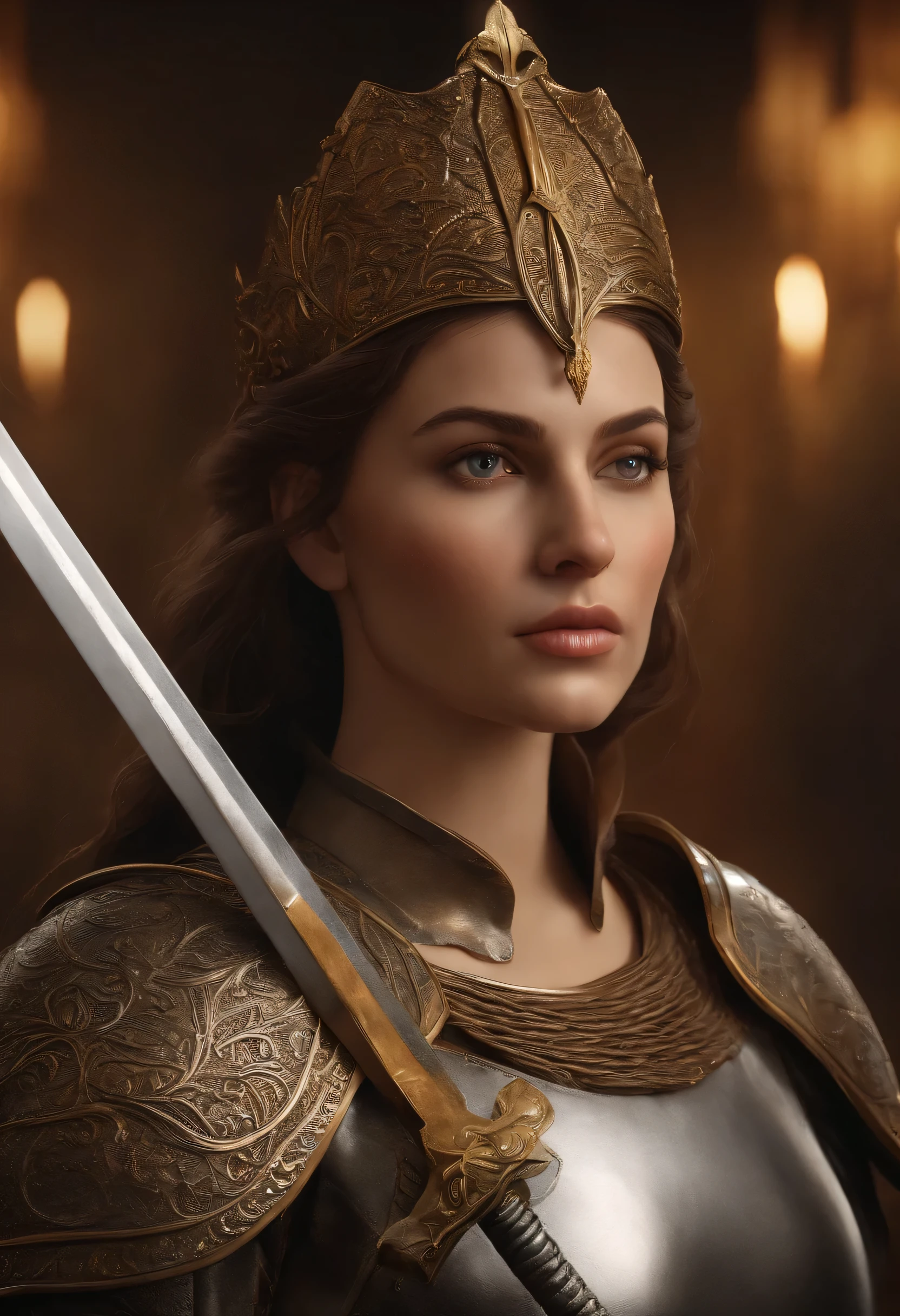 Numerosas obras-primas premiadas, with incredible details, Maximum textures and details), (hiper-realista:1.4), (Realista:1.3), (Parte superior do corpo para cima:0.4), (pele com textura real da melhor qualidade), ((Mundo da Mitologia Grega) Retrato de uma bela Joana D'Arc com sua armadura Cabelo lindo e combativo, castanho claro muito curto. look de lutador com muito carisma, De frente para a tela.