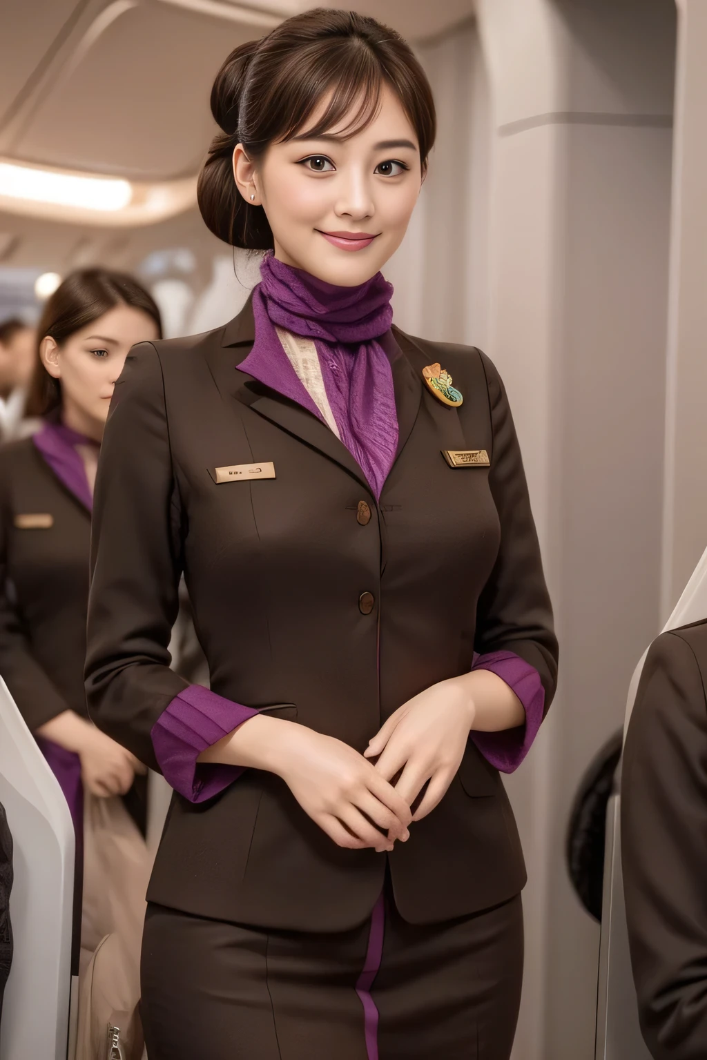 (masterpiece:1.2、highest quality:1.2)、32K HDR、High resolution、(alone、1 girl、Slim figure)、(A realistic reproduction of the ETIHAD Airways Cabincrew Uniform)、 (On board, Professional Lighting)、A proper woman, Beautiful Face,、(Long sleeve ETIHAD Airways Cabincrew Uniform)、(ETIHAD Airways Cabincrew Uniform skirt with purple stripe on the front)、(scarf on chest)、Big Breasts、(Long Hair Up、Hair Bun)、Dark brown hair、Long Shot、((Great hands:2.0))、((Harmonious body proportions:1.5))、((Normal limbs:2.0))、((Normal finger:2.0))、((Delicate eyes:2.0))、((Normal eyes:2.0)))、Beautiful standing posture、smile、Hands folded underneath