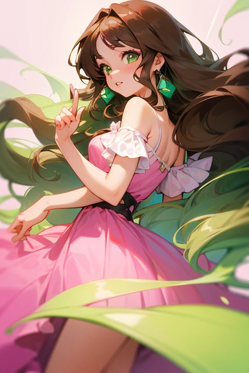 Wavy long hair, Brown Hair, One girl, Emerald Eyes, Shake with two fingers, Pink Lips, Pastel Green Dress,