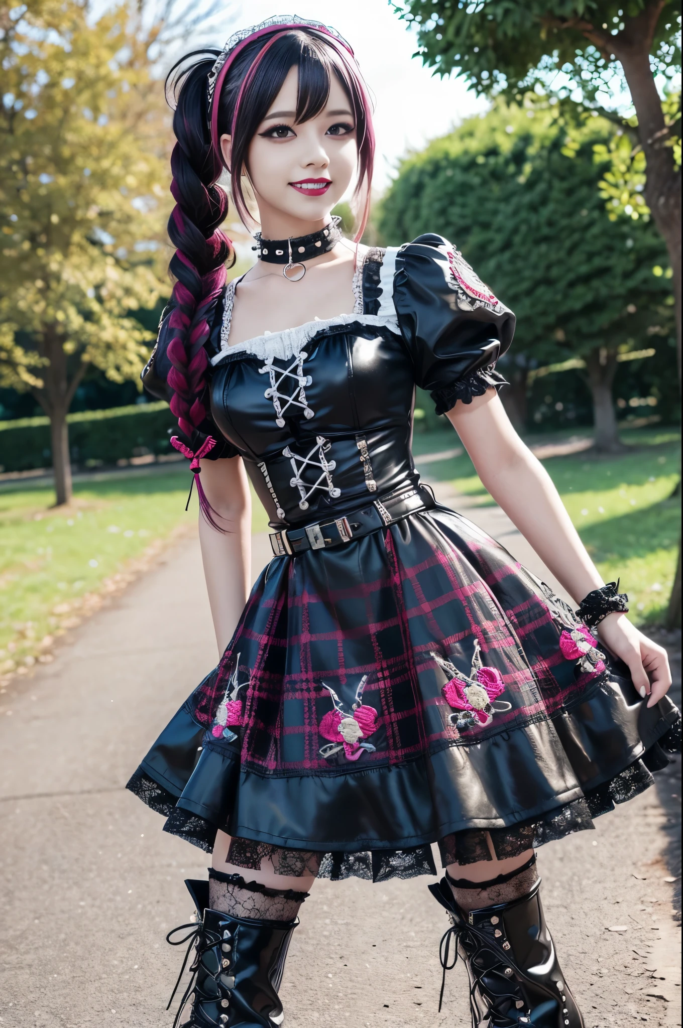 sexy stylish female model, only 1 female, ((doll-like appearance)), long dramatic stylish hair, ((shiny Punk-Style boots)), (big smile), ultra detailed eyes, Punk makeup, lipgloss, ((sexy Punk Lolita cosplay)), unconventional skirt, petticoats, high neckline, ((ultra detailed lace)), ((ultra detailed embroidery)), intricate details, tartan patterns, safety pins, Punk Lolita accessoires, Punk Lolita choker, ((large sparkling Punk Lolita jewelry)), cinematic light, detailed large park background with trees
