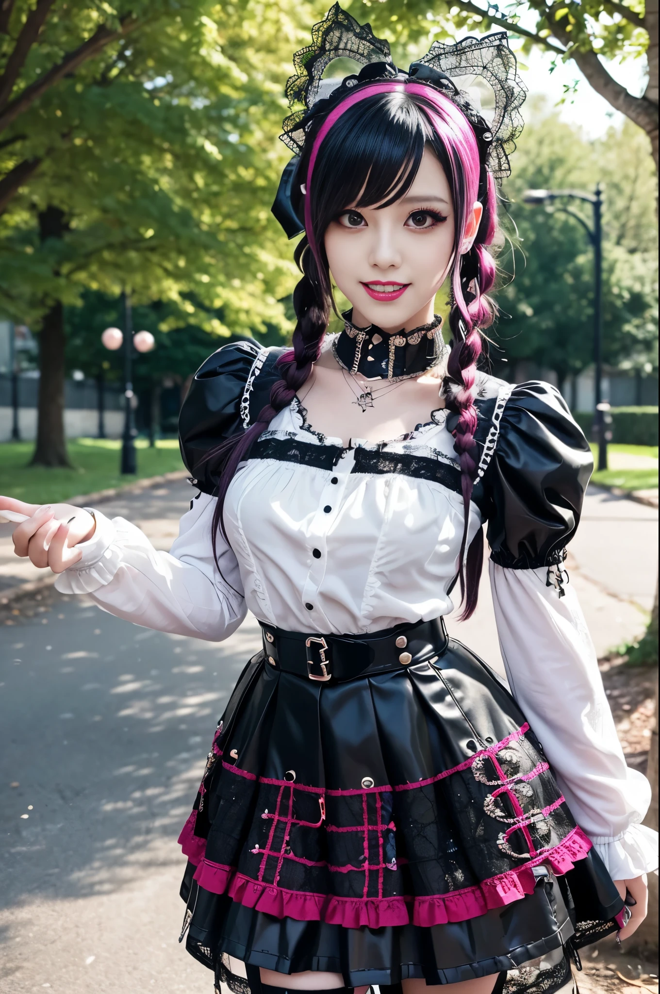 sexy stylish female model, only 1 female, ((doll-like appearance)), long dramatic stylish hair, ((shiny Punk-Style boots)), (big smile), ultra detailed eyes, Punk makeup, lipgloss, ((sexy Punk Lolita cosplay)), unconventional skirt, petticoats, high neckline, ((ultra detailed lace)), ((ultra detailed embroidery)), intricate details, tartan patterns, safety pins, Punk Lolita accessoires, Punk Lolita choker, ((large sparkling Punk Lolita jewelry)), cinematic light, detailed large park background with trees 