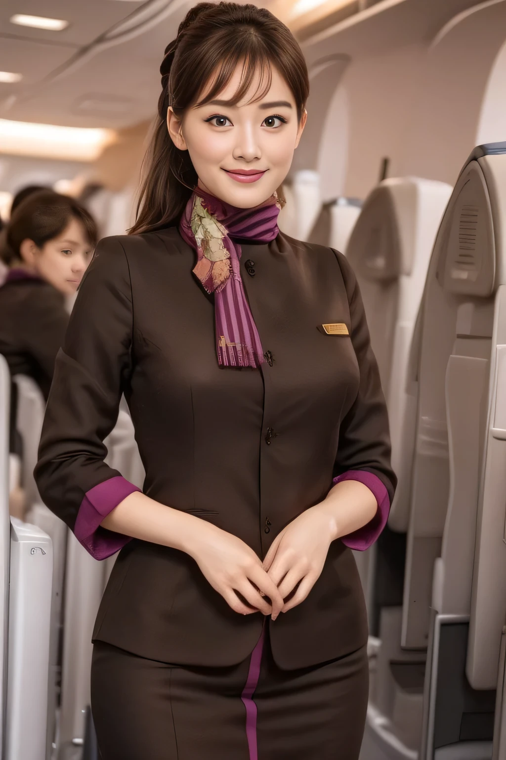 (masterpiece:1.2、highest quality:1.2)、32K HDR、High resolution、(alone、1 girl、Slim figure)、(A realistic reproduction of the ETIHAD Airways Cabincrew Uniform)、 (On board, Professional Lighting)、A proper woman, Beautiful Face,、(Long sleeve ETIHAD Airways Cabincrew Uniform)、(ETIHAD Airways Cabincrew Uniform skirt with purple stripe on the front)、(scarf on chest)、Big Breasts、(Long Hair Up、Hair Bun)、Dark brown hair、Long Shot、((Great hands:2.0))、((Harmonious body proportions:1.5))、((Normal limbs:2.0))、((Normal finger:2.0))、((Delicate eyes:2.0))、((Normal eyes:2.0)))、Beautiful standing posture、smile、Hands folded underneath