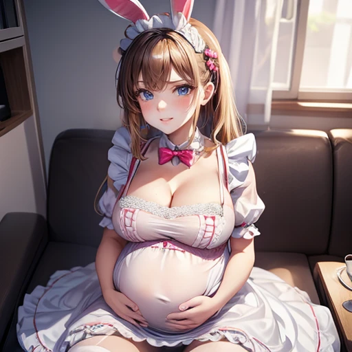 Beautiful pregnant female maid, mature, bunny ears, wants to have sex with me, cleavage, maid dress,