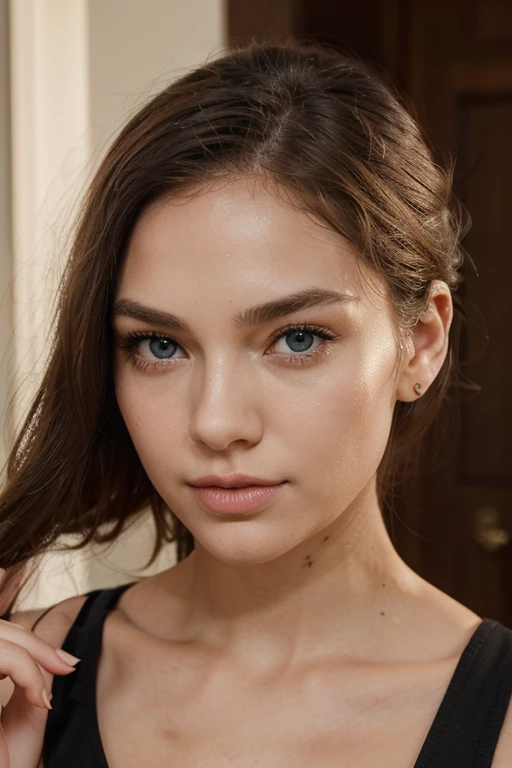 The woman's skin has a snow-white tone, smooth and even, with a fine, slightly matte texture. Her hair is a golden blonde, exhibiting shades from light gold to deeper gold, and it cascades down to mid-back in light natural waves. Her eyes display central heterochromia, where the center of the iris is dark sky blue, and the outer part is bright emerald green, encircled by a thin black line. Her pupils are black and perfectly round, while her eyelashes are long, thick, and jet black.
Her eyebrows are a darker blonde compared to her hair, well-defined, and naturally arched. She has a small, straight nose with a slight downward curve, proportional nostrils, and a subtly rounded tip. Her lips are naturally pale pink, full, and symmetrical, with a clearly defined cupid's bow on the upper lip and a thicker lower lip.
Her cheekbones are high and prominent, transitioning smoothly without sharp angles. Her chin is small and rounded, proportionate to the rest of her face. Her ears are small, well-set against her head, with medium-sized, rounded earlobes.
She has an oval face shape, with balanced proportions and a forehead slightly wider than her jawline. The length of her face is greater than its width, with a softly rounded hairline. Her cranial structure is dolichocephalic, meaning her head is longer than it is wide. Her frontal bone is broad and slightly rounded, her parietal bones are slightly prominent with smooth contours, and her occipital bone is rounded and proportionate to the rest of her head.
The distance between her eyes is proportional to their length, being slightly more than one eye-width apart. Her forehead height is moderate, with a softly rounded hairline. The length of her nose is proportional to the distance from the base of her nose to her chin, and the width of her mouth aligns with the distance between her pupils
ISO 200, f/2.8, 1/500 sec, Canon EOS R5 with RF 50mm f/1.2L lens. Focus on the subject's eyes for sharpness.