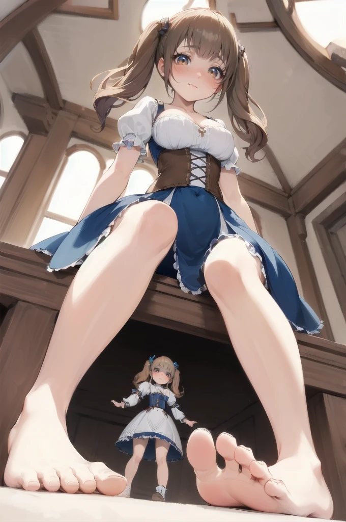 (in front of closeup foot of a giantess: 1.5), closeup breasts and face, (perfectly round breasts) cleavage, (brown twintails with big bangs, big hair, brown eyes, very cute girly clothing revealing breasts and thighs: 1.1), (medieval fantasy: 1.1), nipples, (foot), (barefoot: 1.1), sitting, (noblewoman dress: 1.1) (closeup long big foot: 1.6), (anorexic and skinny: 1.2), (stepping on, foot step : 1.3), navel, (thin waist: 1.2), (very cute young short adult girl: 1.2), (below view: 1.2), (very low angle view: 1.3), (girls bedroom: 1.1), below view, sitting