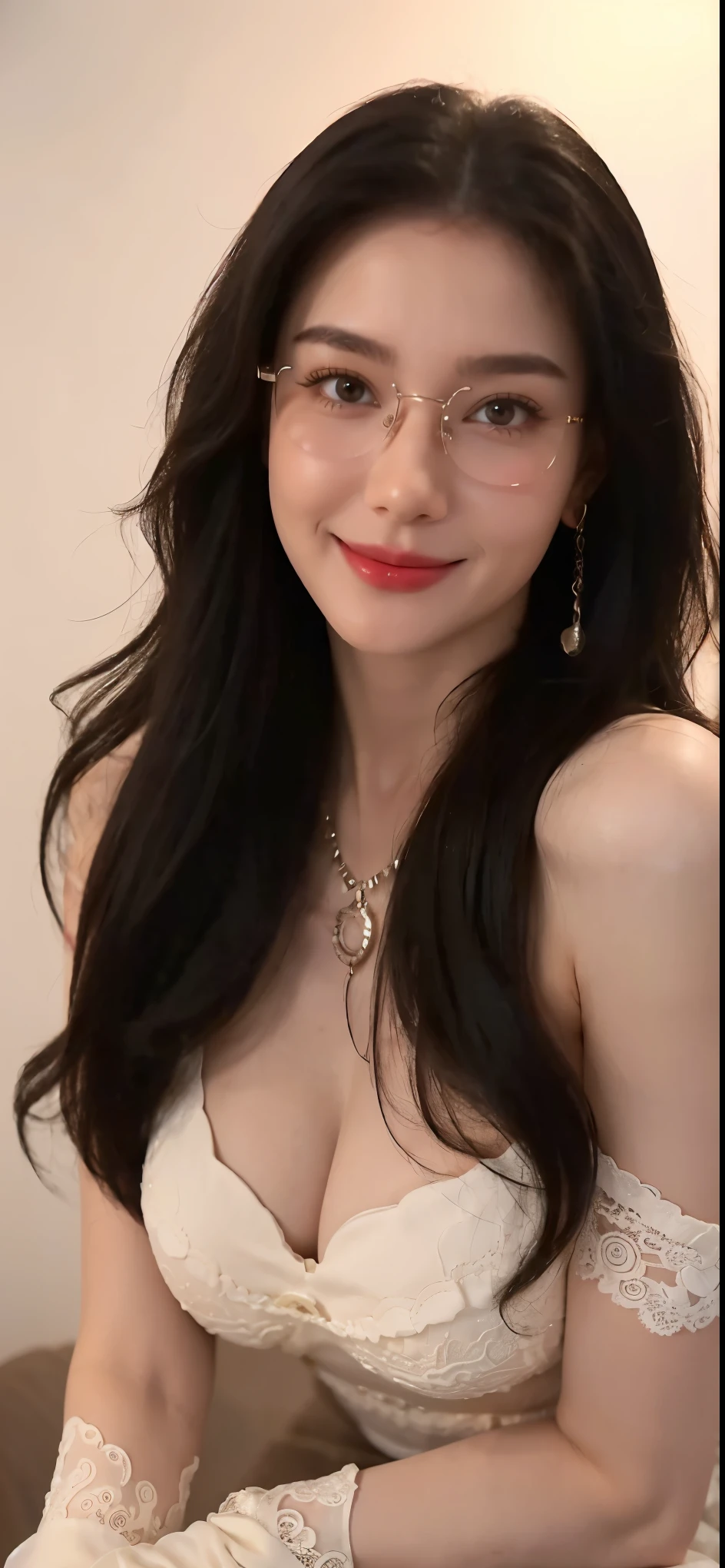 (Canon RF85mm f/1.2), (8K, RAW photos, best quality), (masterpiece), (Practical, photograph Practical), (Extremely detailed, High Detail, Best image quality, Super detailed, high resolution, Very detailed, Extremely detailed的描述, Super Fine, Extremely exquisite and beautiful work), Beautiful and delicate girl, Solo Girl, ((Perfect body)), Very detailed eyes and face, White skin, Noble beauty, ((Delicate skin texture, Pores)), Perfect anatomical structure, Delicate and beautiful body, Delicate face, Slim abs, Slim waist), Big buttocks, (Large Breasts, Breast enlargement), (cleveage), (Affectionate gaze, soulful eyes, Glowing eyes), (beautiful and clear eyes), (Bounce Curly Messy Long Hair), (Smile:1.2), (Fascinated expression), (Attractive appearance), ((Low-cut,Wedding dress,No slings,Show your shoulders,Huge breasts)), ((Tight Fit)), ((Lace stockings)), ((wear glasses)), earrings, necklace, ((night)), ((Street view, moonlight)), Physically Based Rendering, Realistic lighting, (((Upper Body))), ((looking at the audience)), ((permanent)), ((Happy and shy))