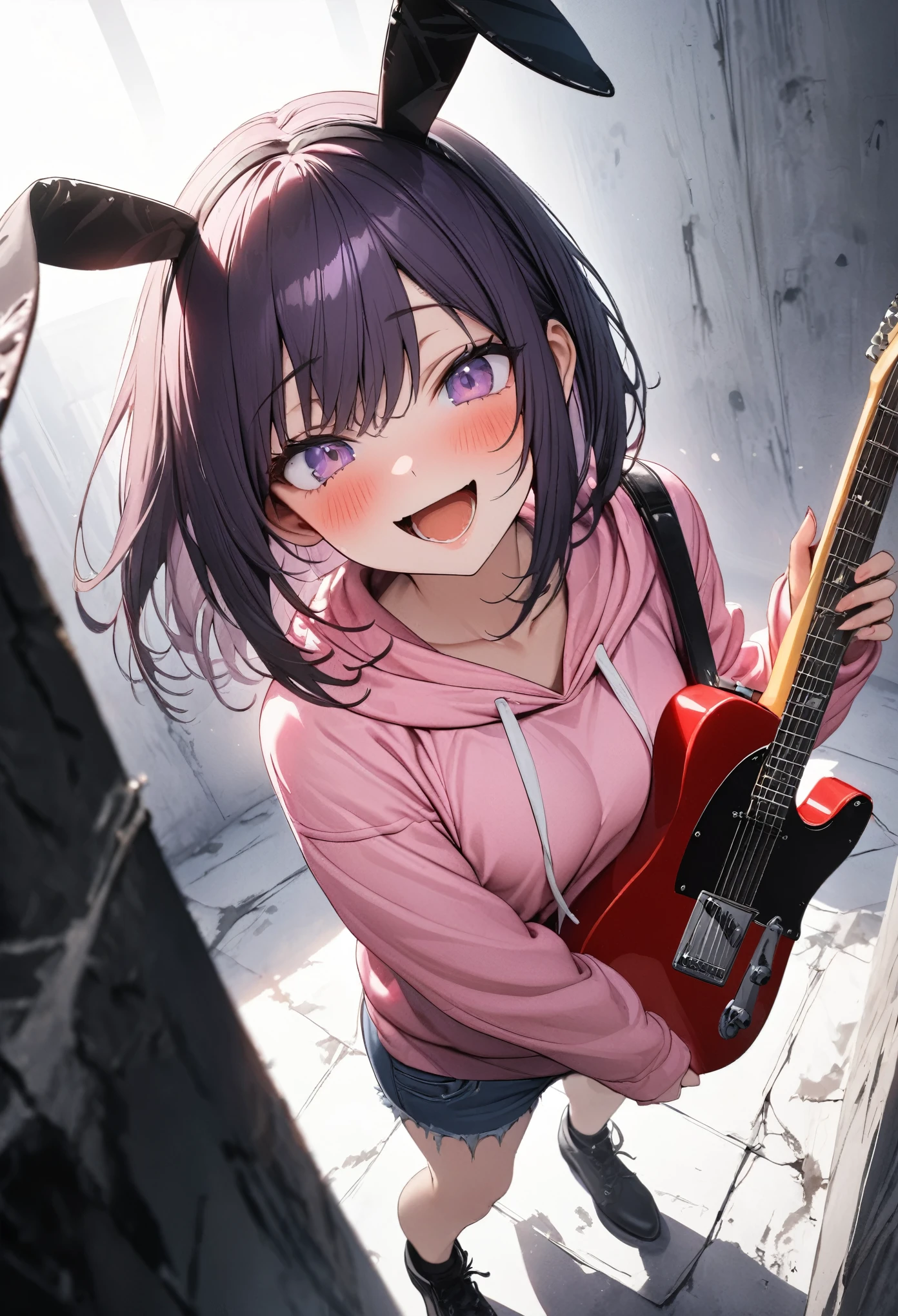 ((Masterpiece)), ((best quality)), (super detail:1.2), (High Definition:1.3), (Professional Photography:1.2), 8K, from above, (Healthy Slender body), Cute teenage Beautiful Girl, Slender body, Textured skin, cinematic lighting,（messy medium bob), (purple hair), put on Black bunny ears, Pretty oversized pink hoodie, bloody, Tattered short trousers of jeans fabric, (dispair Eyes), (hold a Telecaster electric guitar), elecaster electric guitar, stand on Eerie white concrete room, blush, (Big purple eyes), Open mouth wide, crazy smile, (sharp focus), (perfect light),