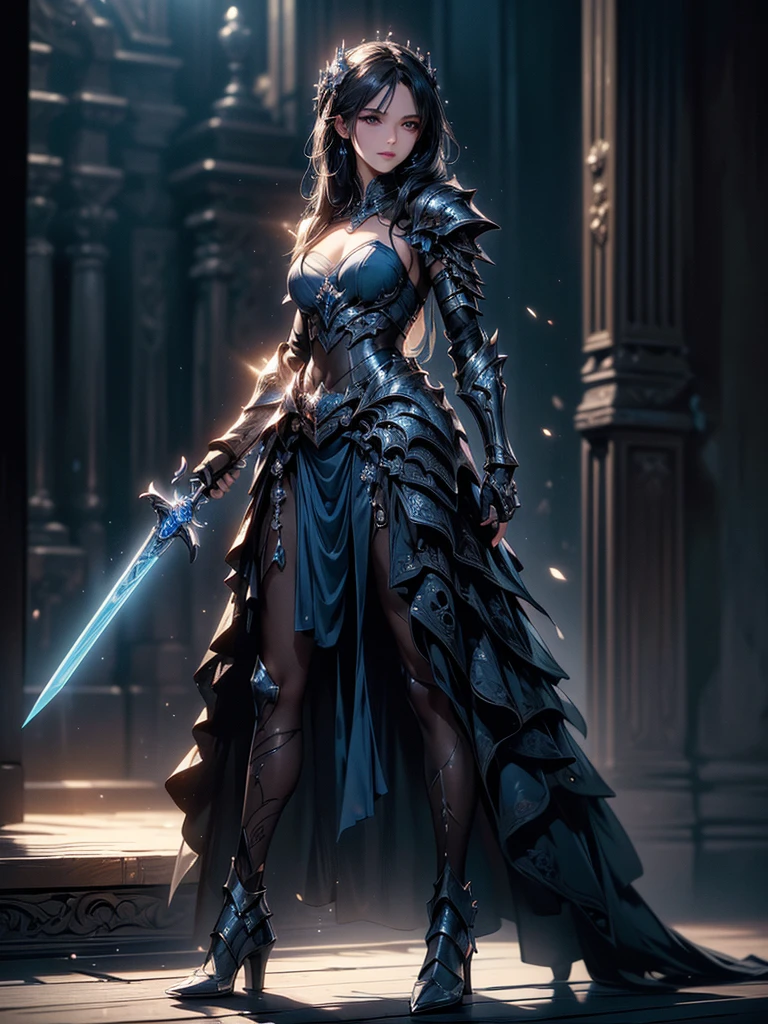 (((masterpiece, best quality, 8k)))A dark and cursed female game character,((perfect face)), wearing ornate Silver+Blue elegant and futuristic armor, wielding an energy sword, with greaves, armored boots, in a gloomy, atmospheric lighting,(((full body shot))), (best quality,4k,8k,highres,masterpiece:1.2),ultra-detailed,(realistic,photorealistic,photo-realistic:1.37),HDR,UHD,studio lighting,ultra-fine painting,sharp focus,physically-based rendering,extreme detail description,professional,vivid colors,bokeh,dark fantasy,concept art