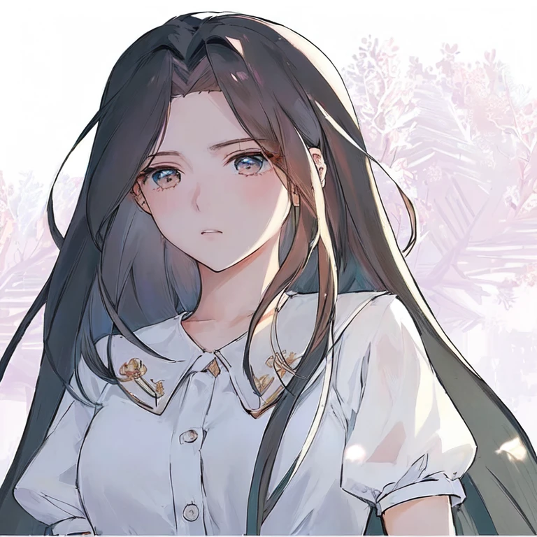 a close up of a person com cabelo comprido and a white shirt, anime girl com cabelo comprido, com cabelo comprido and piercing eyes, visual de anime de uma linda garota, com cabelo comprido, em estilo anime, ela tem um rosto fofo e expressivo, delicate androgynous prince, lindo retrato de anime, com longos cabelos escuros, she has a distant expression