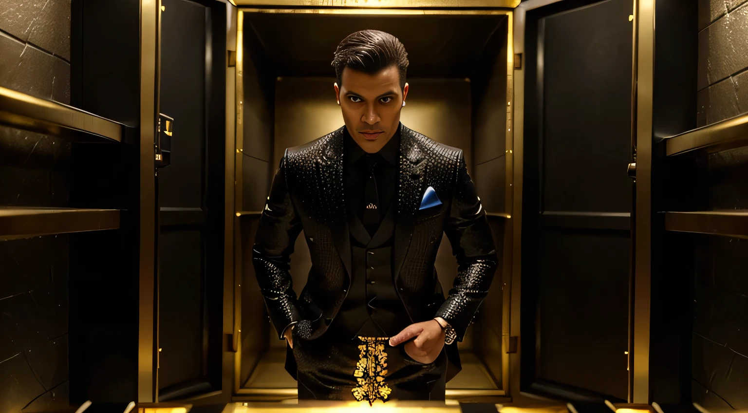 a man wearing a black suit in a bank vault full of gold bars and shiny diamonds, ultra realistic image, high level of detail, 8k, hyper realism, vivid and intense colors.