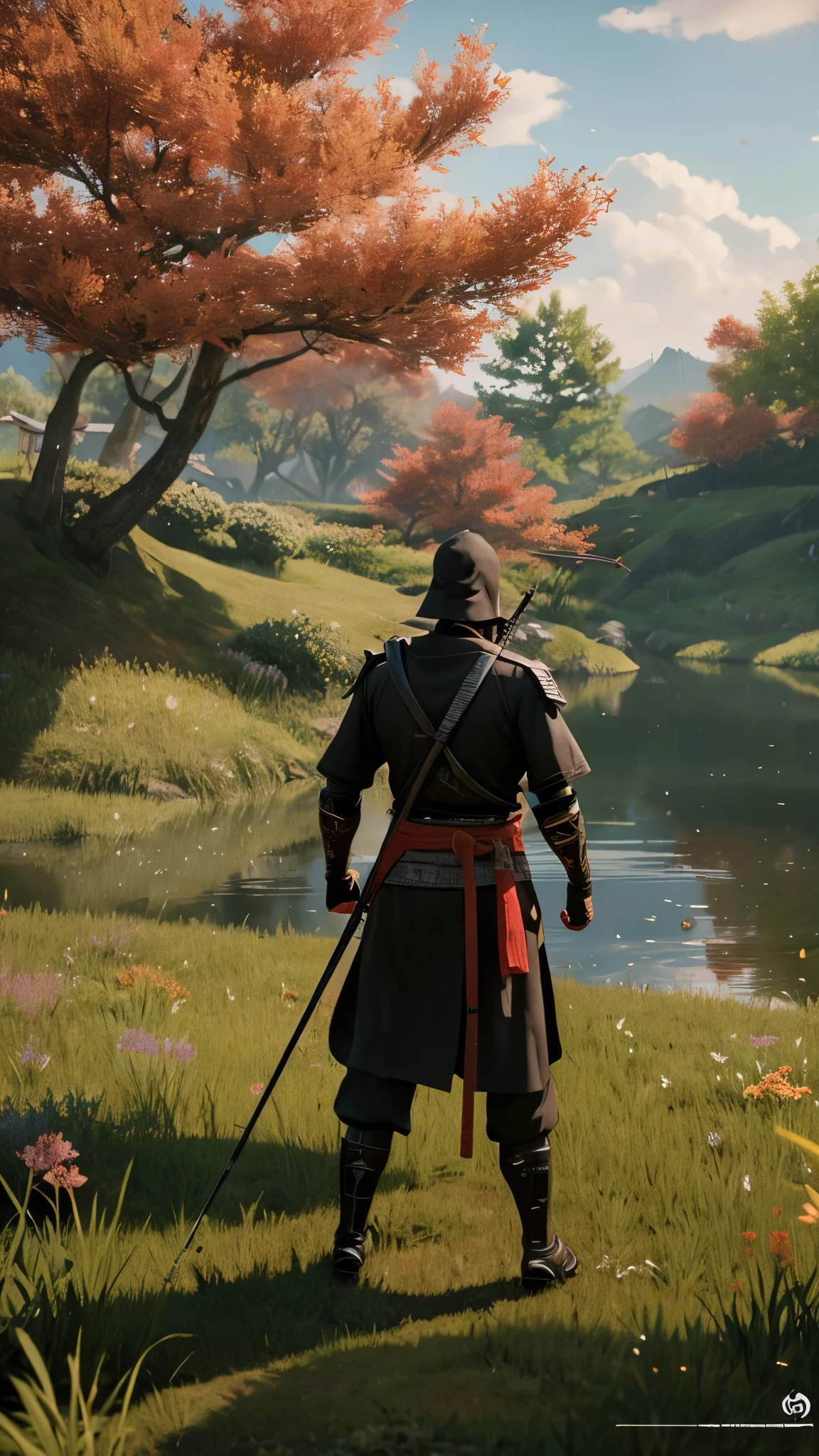 a samurai devil person standing in a field with a rifle, a magic fishing rod weapon, many floating swords, a ninja with a water wave katana, sharp Final fantasy 14, awakened samurai, holding a scythe, a robot with a fishing rod, a scythe giant, Shinobi shadow ninja holding a naginata, wandering samurai man, playable cart, toad samurai, lolita.white mask.Cyborg ninja.