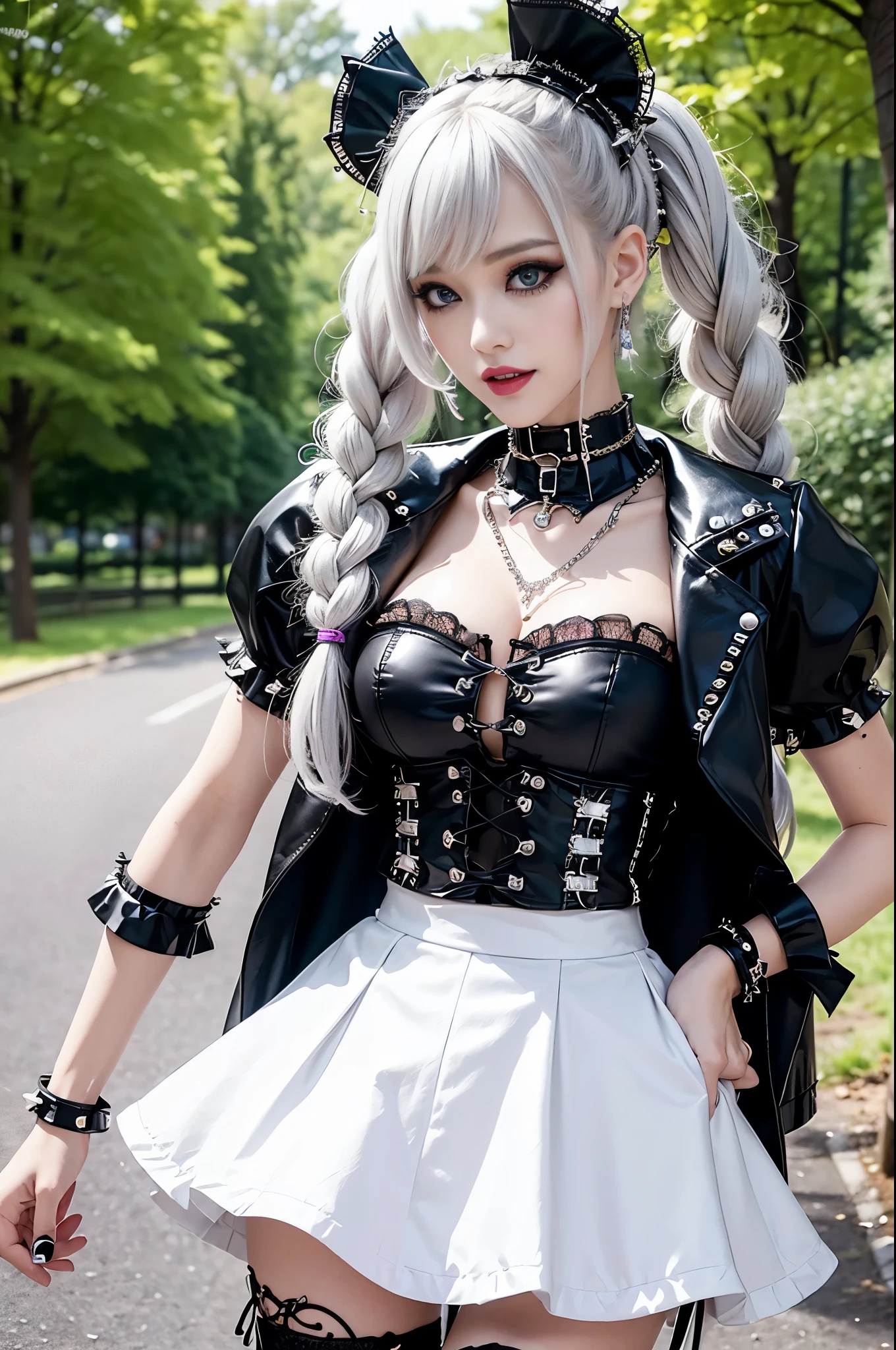sexy stylish female model, only 1 female, ((doll-like appearance)), long multicolor stylish hair, ((shiny Punk-Style boots)), (big smile), ultra detailed eyes, Punk makeup, lipgloss, ((sexy Punk Lolita cosplay)), unconventional skirt, petticoats, high neckline, ((ultra detailed lace)), ((ultra detailed embroidery)), intricate details, tartan patterns, (silver chains), (silver spikes), (safety pins), Punk Lolita accessoires, Punk Lolita choker, ((large sparkling Punk Lolita jewelry)), cinematic light, detailed large park background with trees
