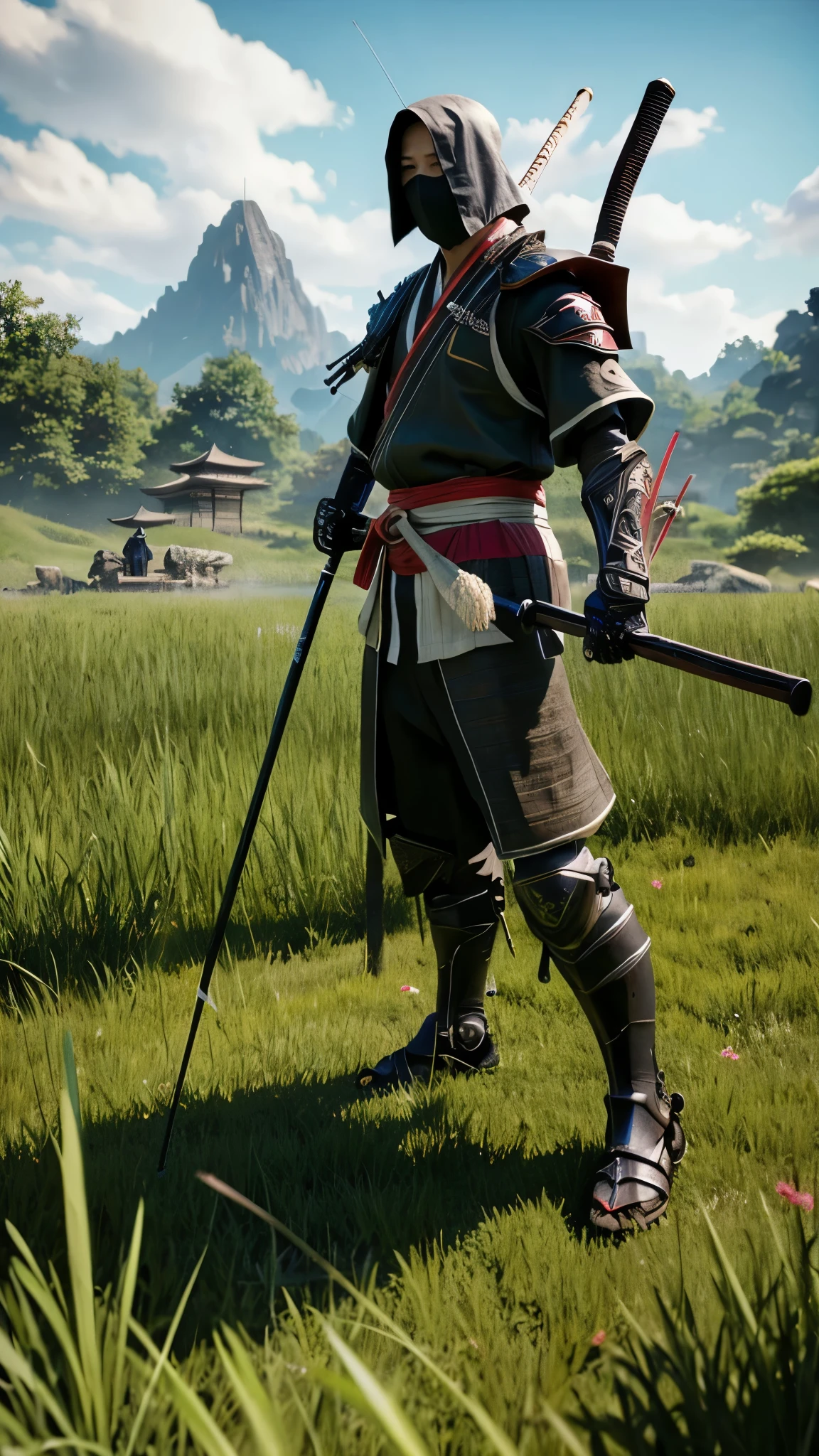 a samurai devil person standing in a field with a rifle, a magic fishing rod weapon, many floating swords, a ninja with a water wave katana, sharp Final fantasy 14, awakened samurai, holding a scythe, a robot with a fishing rod, a scythe giant, Shinobi shadow ninja holding a naginata, wandering samurai man, playable cart, toad samurai, lolita.white mask.Cyborg ninja.